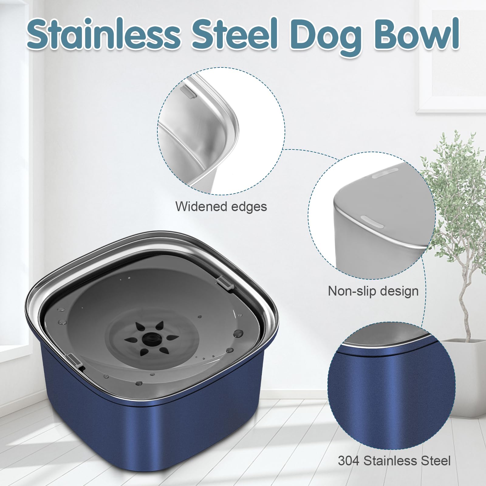 UPSKY 3L Stainless Steel Dog Water Bowl - 101oz No Spill Pet Feeder, Dark Blue Travel Water Dispenser for Large Dogs