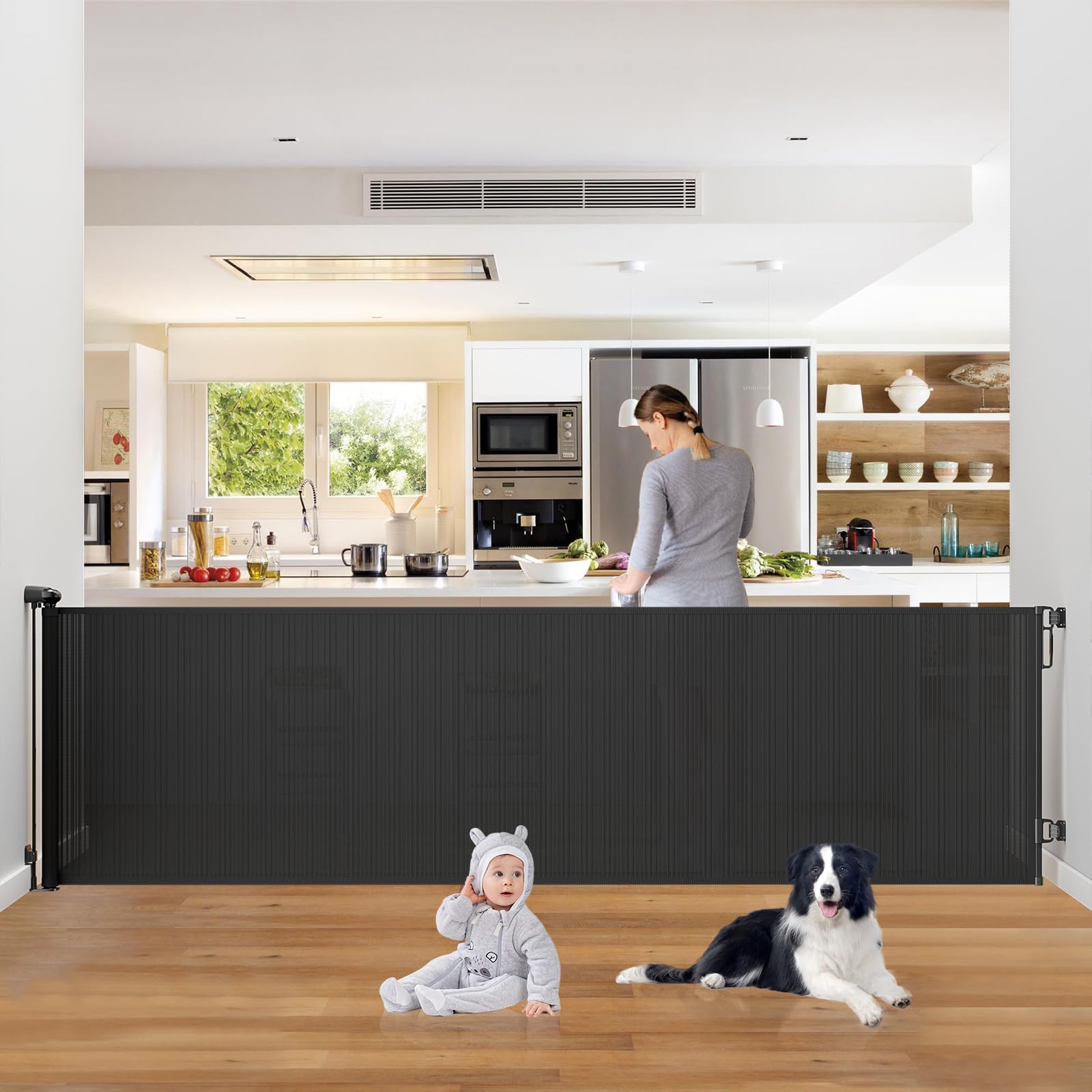 PRObebi Retractable Baby & Dog Gate - Extends to 110 Wide, 34 Tall, for Stairs, Doorways, Hallways, Outdoor, Deck, Porch