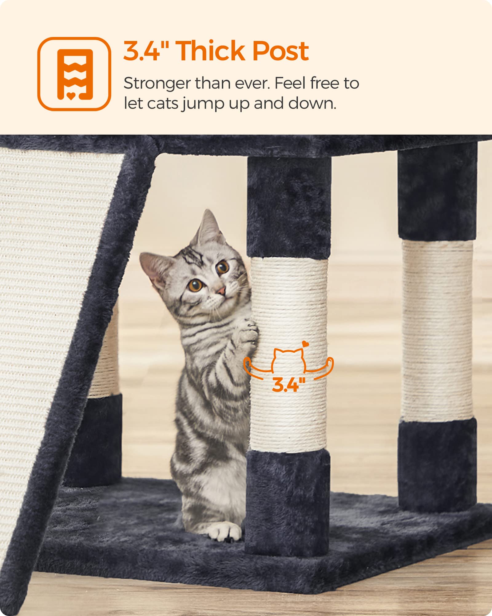 Feandrea 67-Inch Multi-Level Cat Tree for Large Cats, Smoky Gray, XL, Model UPCT18G, Durable Particleboard & Plush Fabric