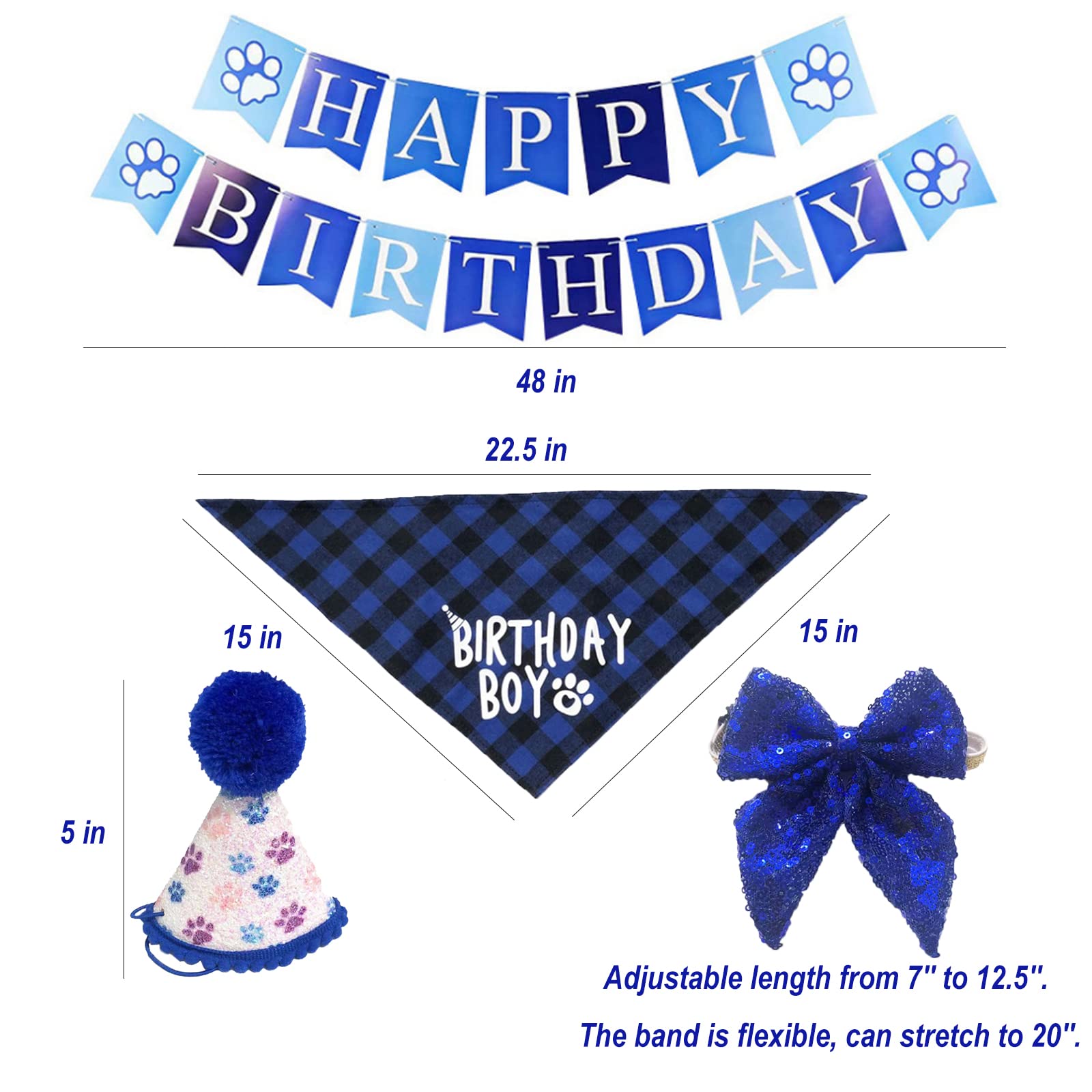 Plaid Dog Puppy Bandana Hat Scarf Set With Numbers, Happy Birthday Banner Set, Cute Dog Bow Tie Collar