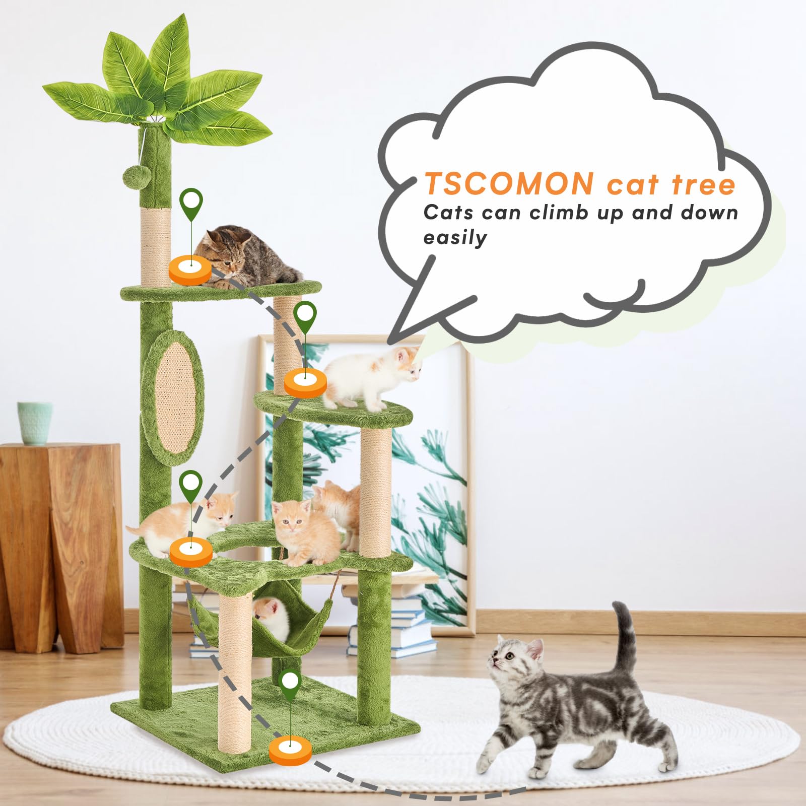 TSCOMON 55 Cat Tree for with Green Leaves, Multi-Level Large Cat Tower with Hammock, Plush Cat House with Hang Ball Toy and Sisa