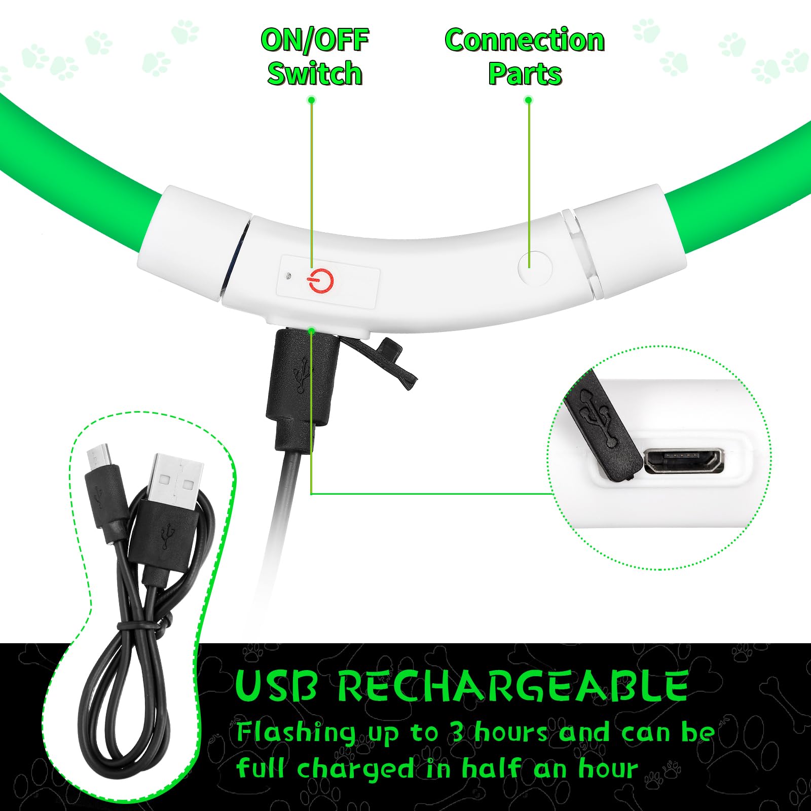 Weewooday 3 Pcs Dog Collar Led Usb Rechargeable Lights Dog Necklace Collars Doggy Lights For Night Walking Adjustable Safety Lam