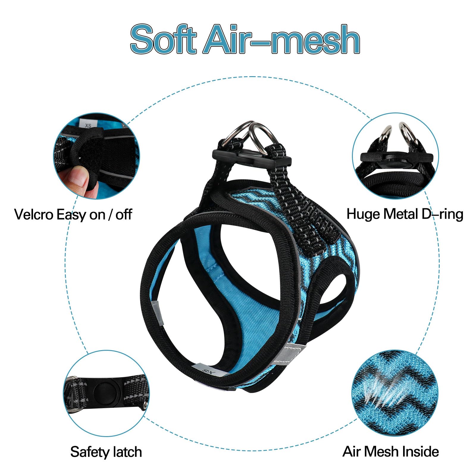YIMEIS Dog Harness - Adjustable XS Lightweight Reflective Leash Set, Blue, Breathable 360° Visibility, Playful Style