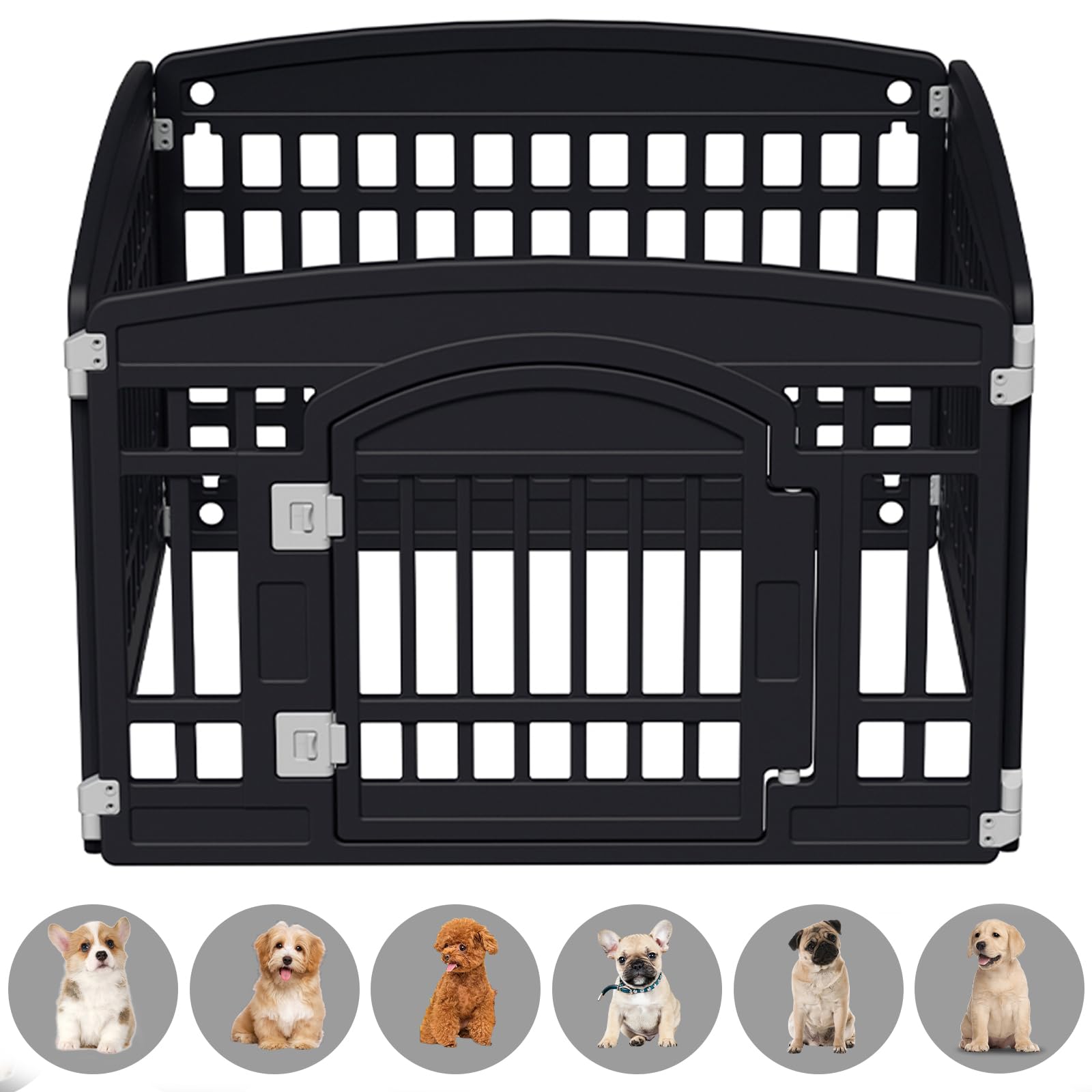Gupamiga Pet Playpen - Foldable 4-Panel Exercise Pen for Small Dogs - Heavy Plastic, Mesh Top, Black (33.5x33.5 Inches)