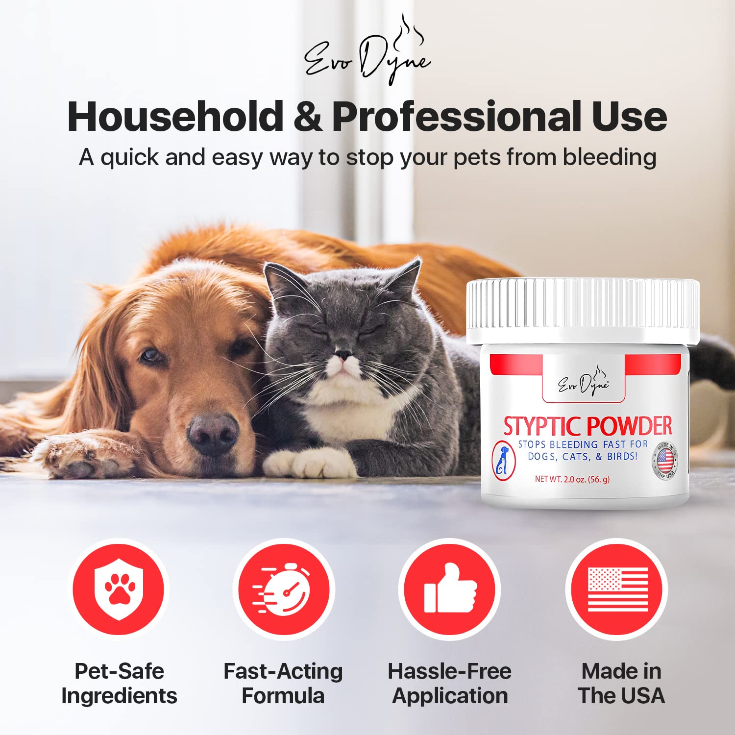 Evo Dyne Styptic Powder for Pets - Fast-Acting Blood Stop Powder (2 oz) for Dogs, Cats, and Birds, Ideal for Nail Clipping and Cuts