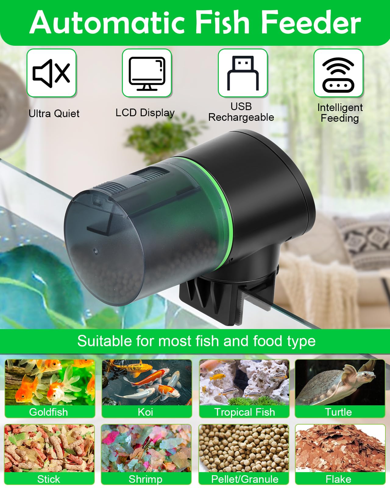 Petbank Automatic Fish Feeder - Rechargeable Fish Food Dispenser for Small & Large Tanks, USB Charger, 12/24/48H Timer, Black, Model CY-009