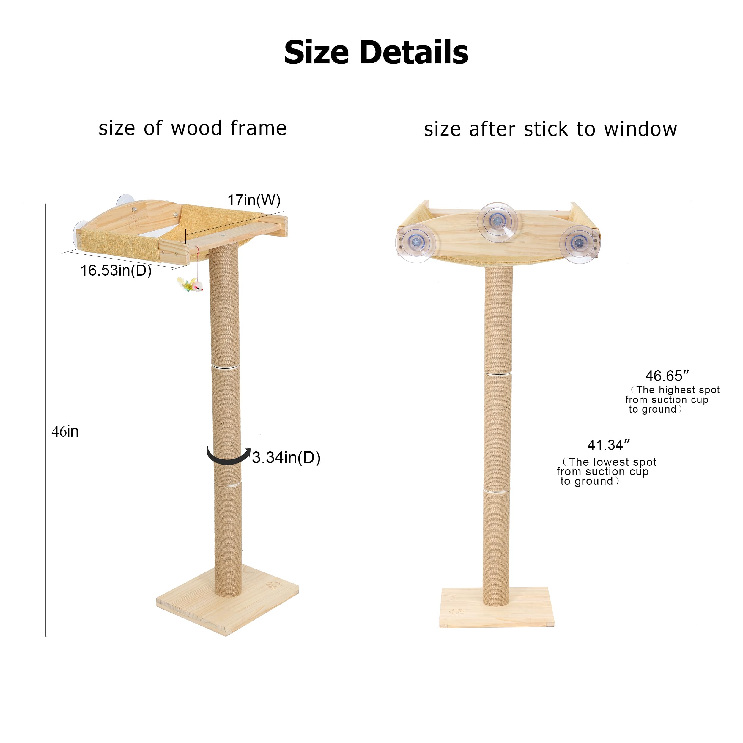 Caloreduce Cat Window Perch with Scratching Posts, 46" Climbing Tree Hammock, Wood, Cotton, Suction Cups for Sleeping & Playing