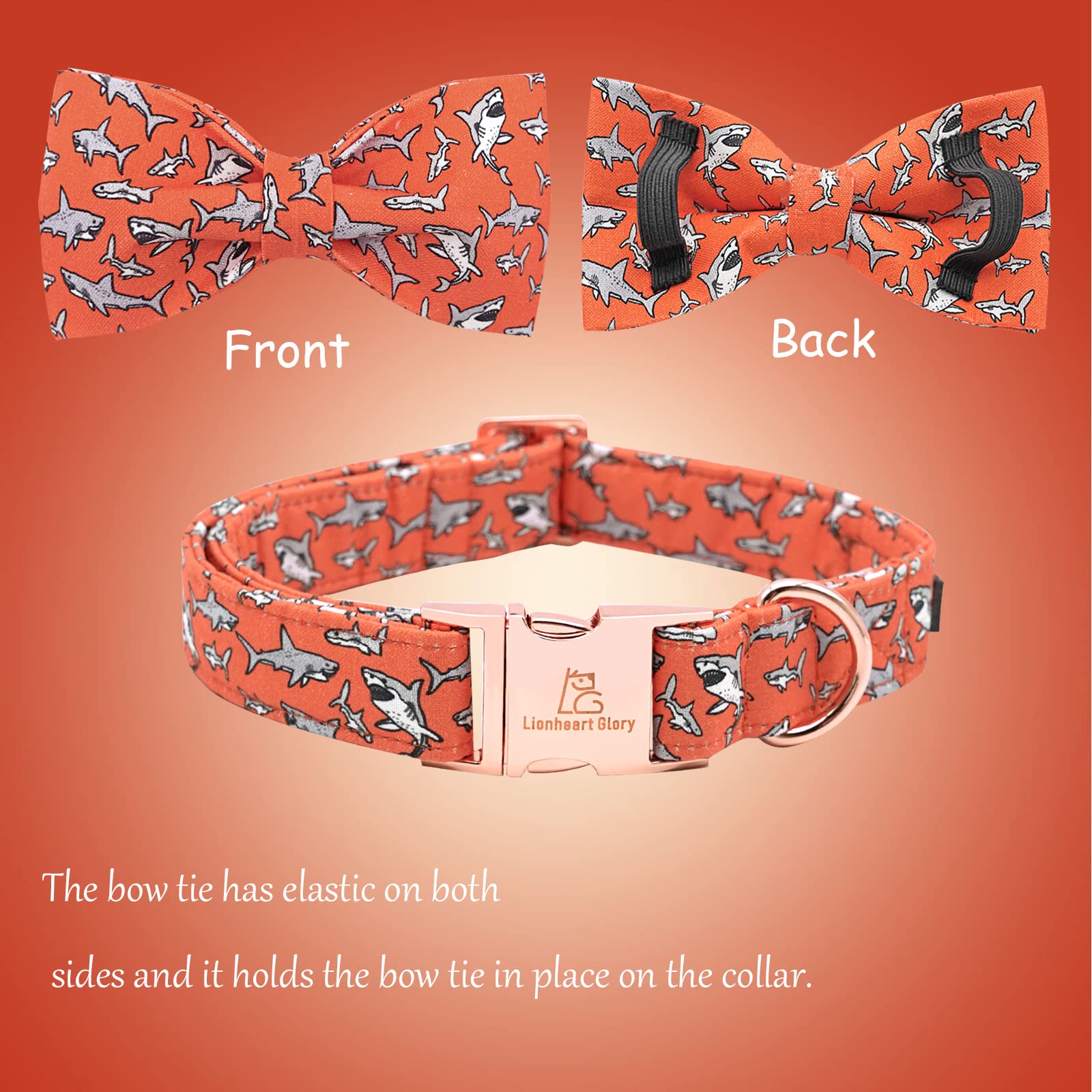 Lionheart Glory Shark Print Bow Tie Dog Collar - Adjustable For Large Dogs, Pet Gift For Girls Or Boys