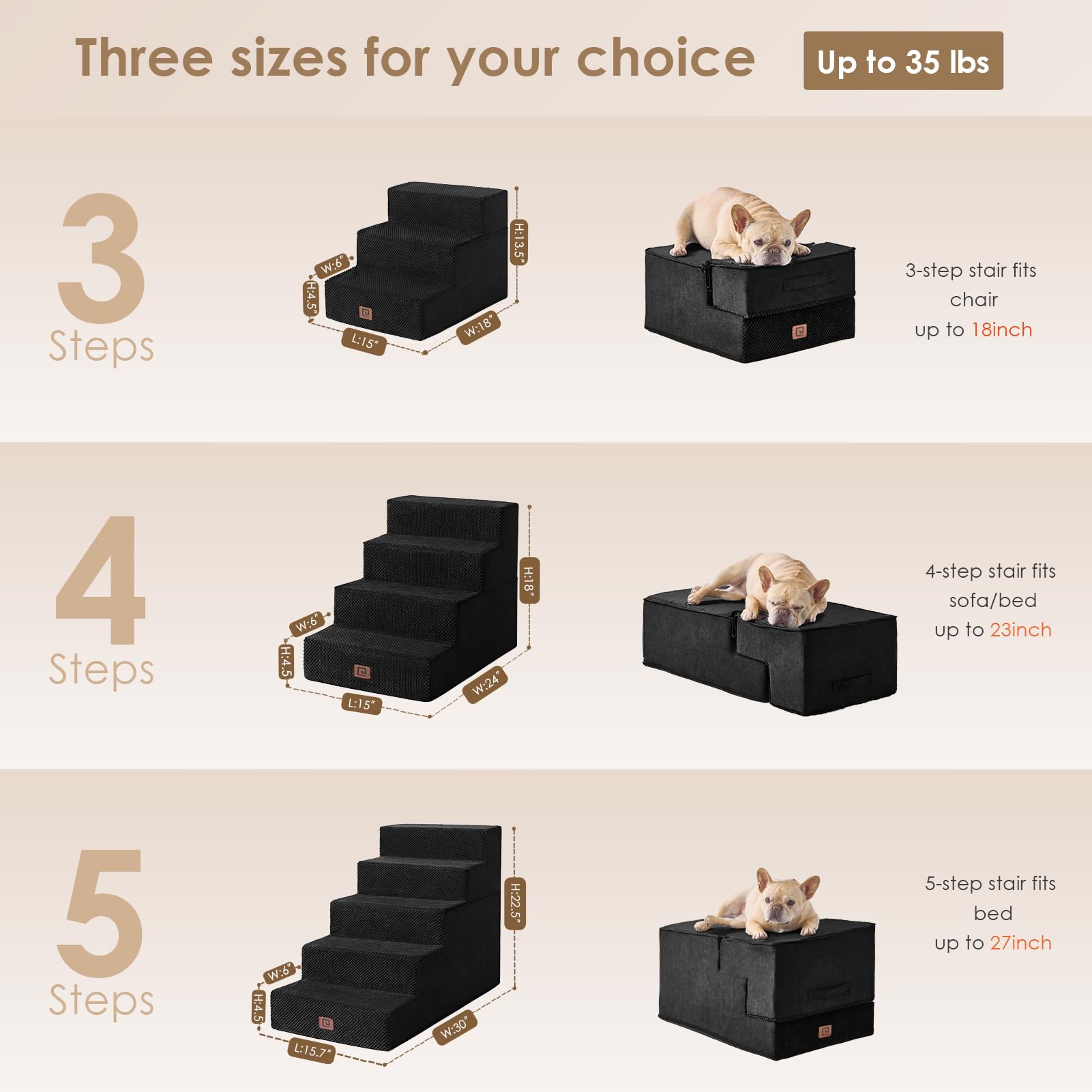 Eheyciga Dog Stairs For Small Dogs 13.5' H, 3-Step Dog Steps For Couch Sofa And Chair, Pet Steps For Small Dogs And Cats, Non-Slip Balanced Dog Indoor Ramp, Black