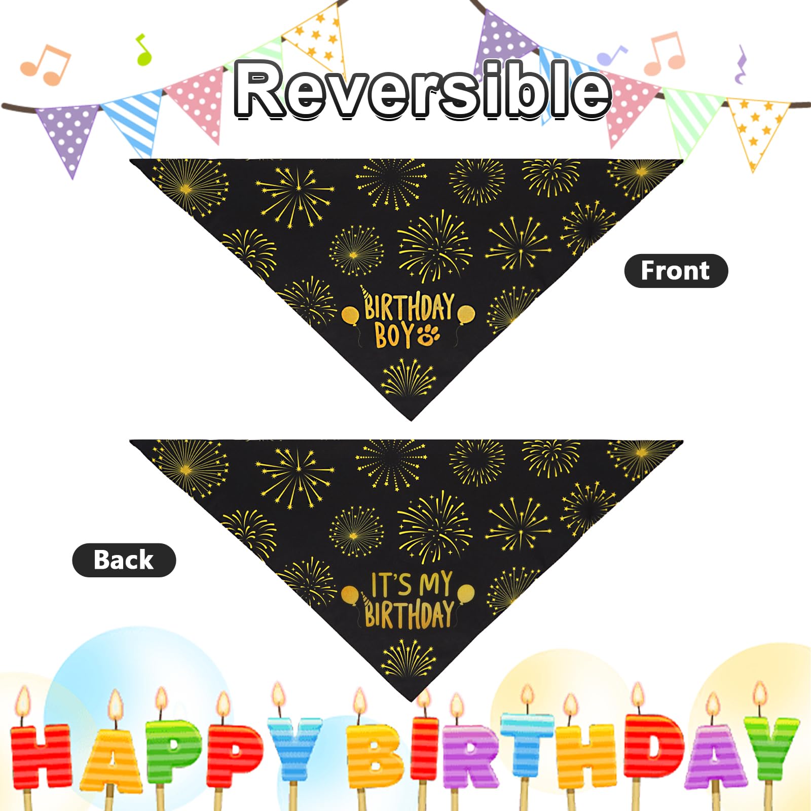 Ququle Dog Birthday Bandana Boy Black Small 1Pcs, Durable Triangle Reversible Scarf Bibs Handkerchief For Puppy Pet