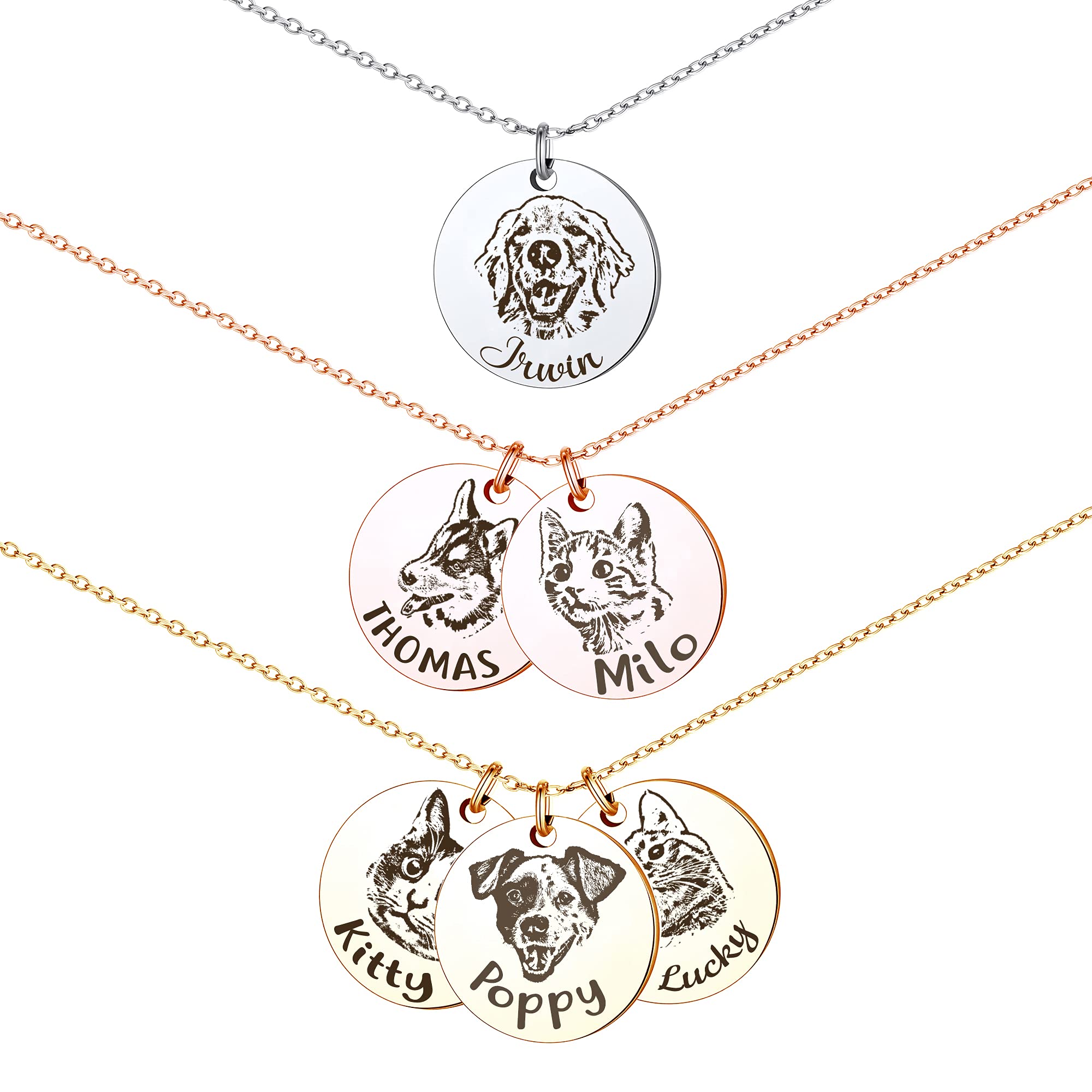 Anavia Personalized Pet Portrait Necklace, Handmade Memorial Jewelry Gift, Customized Round Disc Photo Engraved Necklace - Rose 