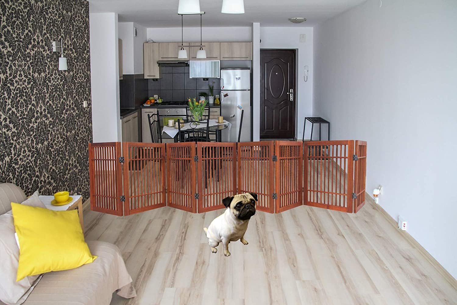Urnporium Freestanding Pet Gate Folding Wooden Fence for Indoor & Outdoor Use, Durable Acacia Hardwood (Brown Pet Gate, 8 Panel