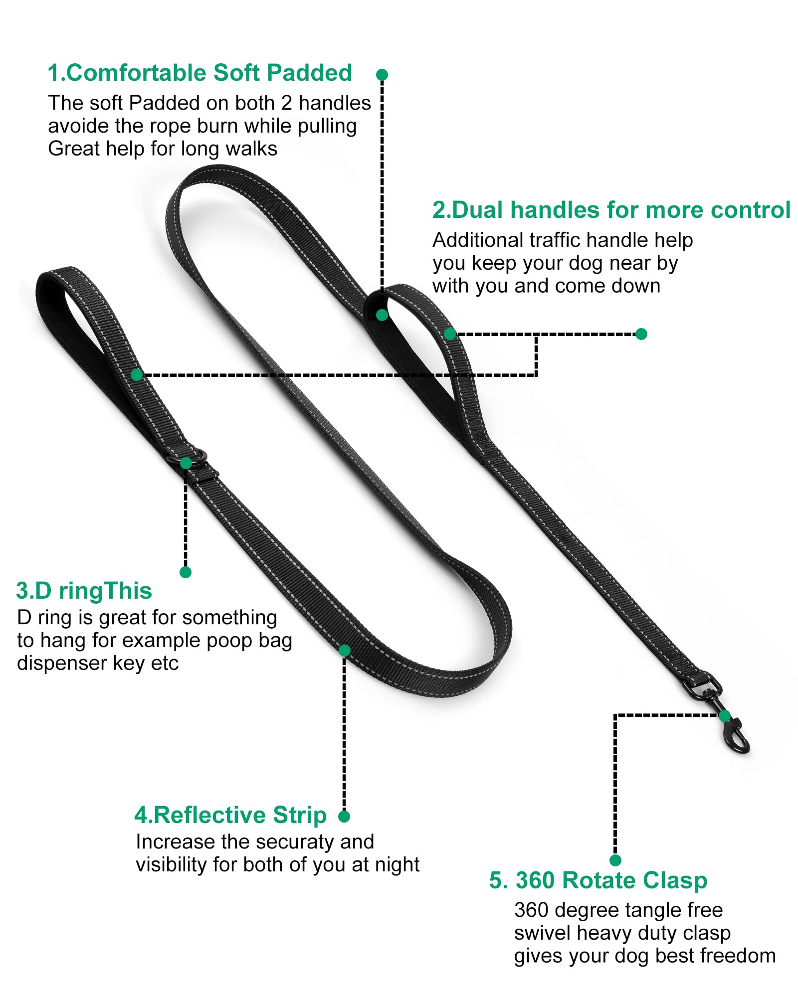 Dog Leash, Heavy Duty Dog Leash, Leashes For Large Breed Dogs 5Ft 6Ft, Double Handle Dog Leash, Reflective Training Lead, Perfec