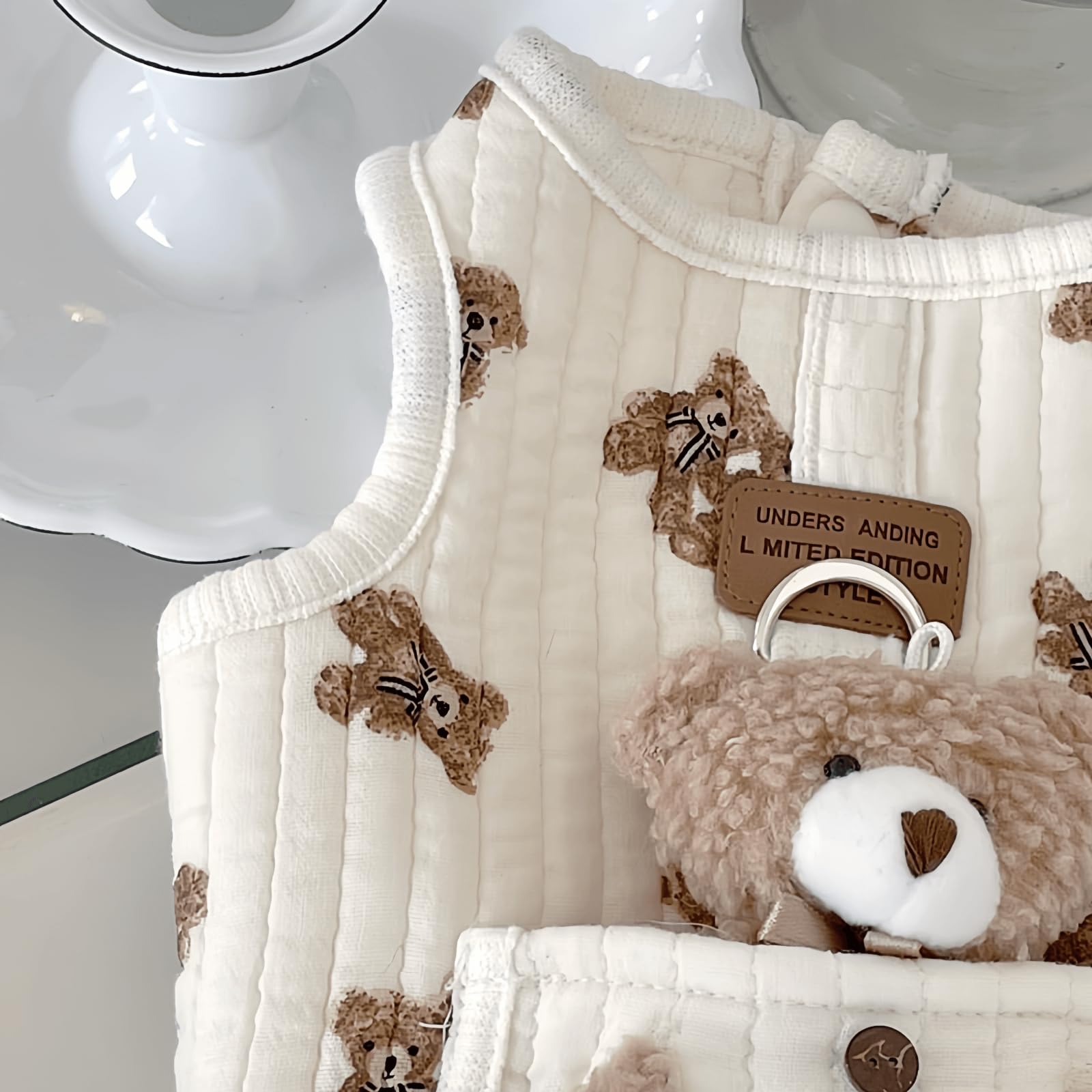 Cute Pet Apparel Plush Bear Pattern Cartoon Dog Clothes All Season Sleeveless Puppy Kitten Pullover Soft Skin-Friendly (White1,
