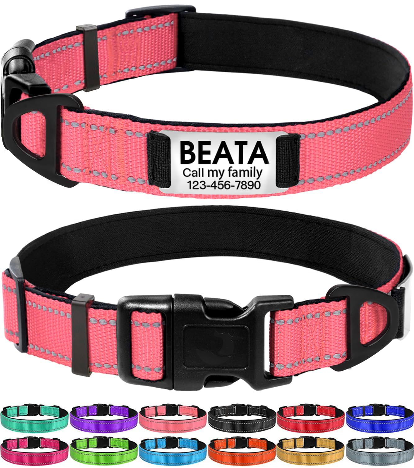 Joytale Personalized Dog Collars, Reflective Nylon Dog Collar With Engraved Name Plate, Customized For Puppy And Small Dogs, Pink, Xs