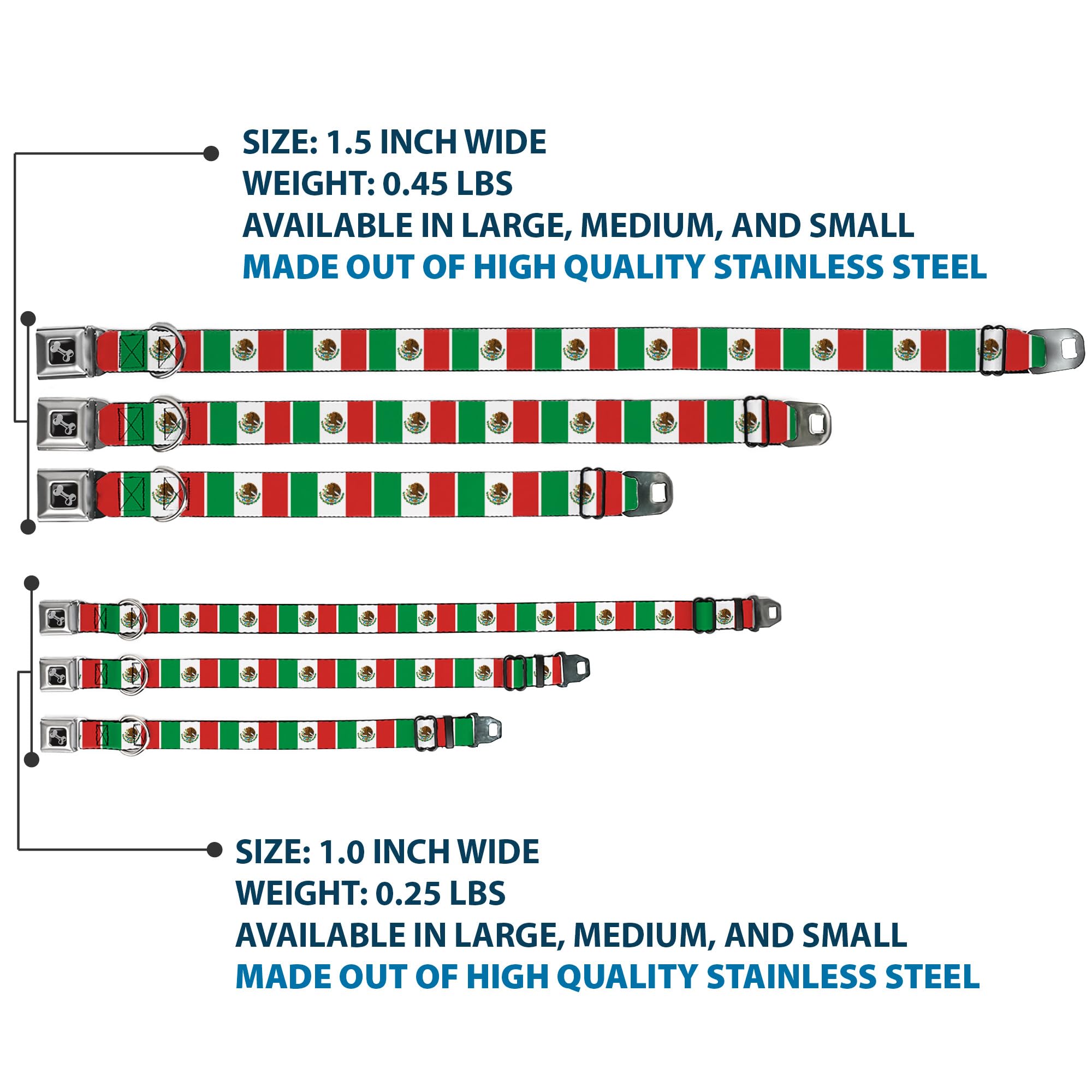 Buckle-Down Seatbelt Buckle Dog Collar - Mexico Flags - 1.5' Wide - Fits 16-23' Neck - Medium