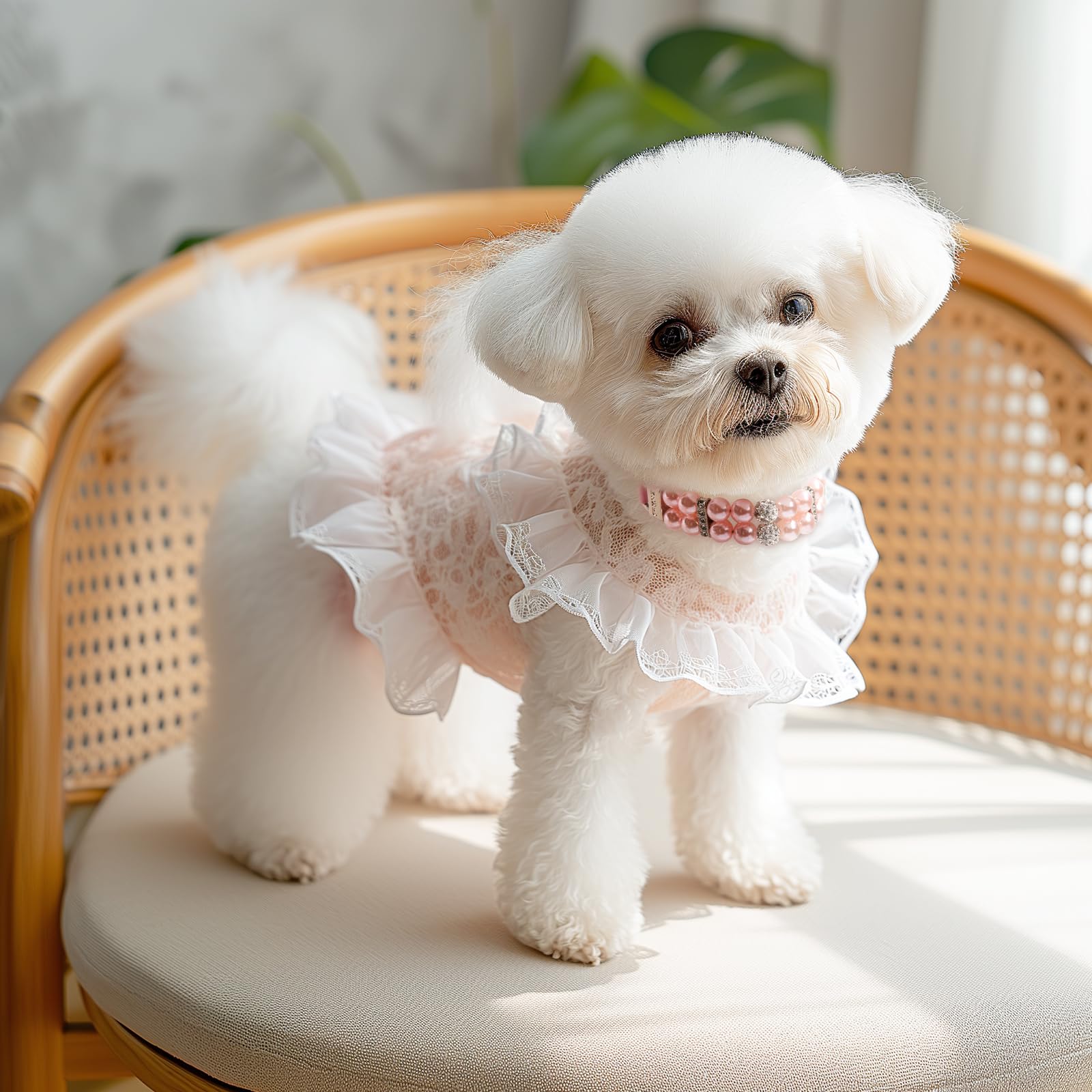 Howwfaly Dog Cat Pearl Collars With Crystal Rhinestone Pu Leather Collars Necklace Adjustable Collardog Chain Cat White Pearl Pe