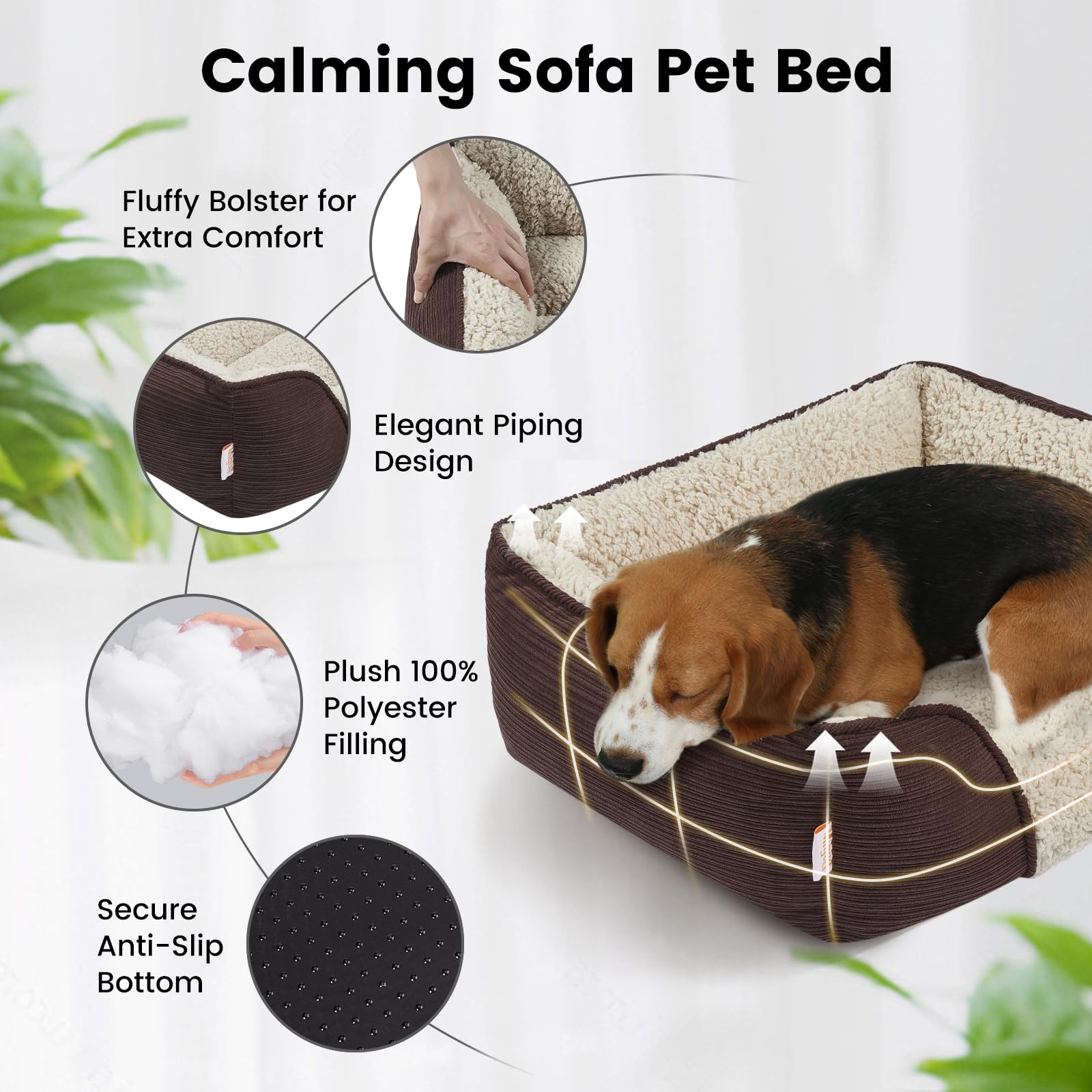 Miguel Dog Bed with Removable Cushion, Brown Corduroy, Medium 25" x 21" x 8", Anti-Slip, Rectangle Bolster Pet Sofa for Dogs & Cats