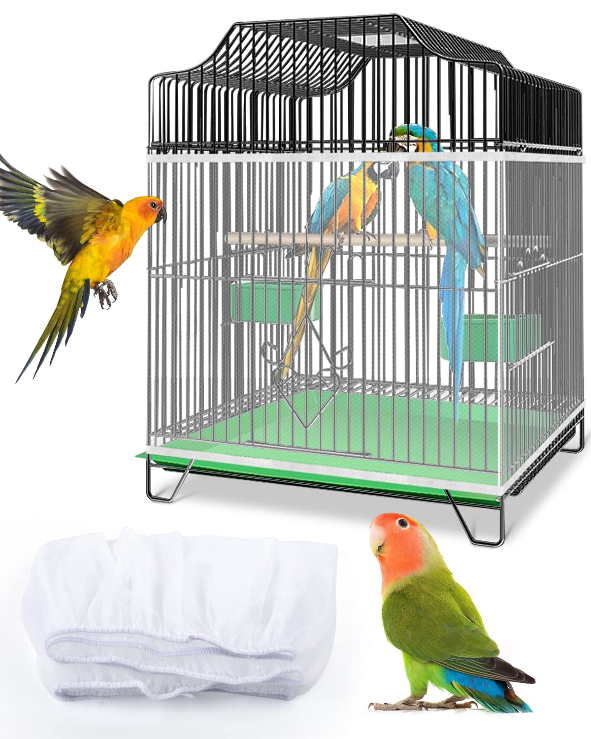 Bissap Bird Cage Seed Catcher, Universal Birdcage Net Nylon Adjustable Elastic Band Stretchy Skirts Mesh Cover for Parrot Cage S