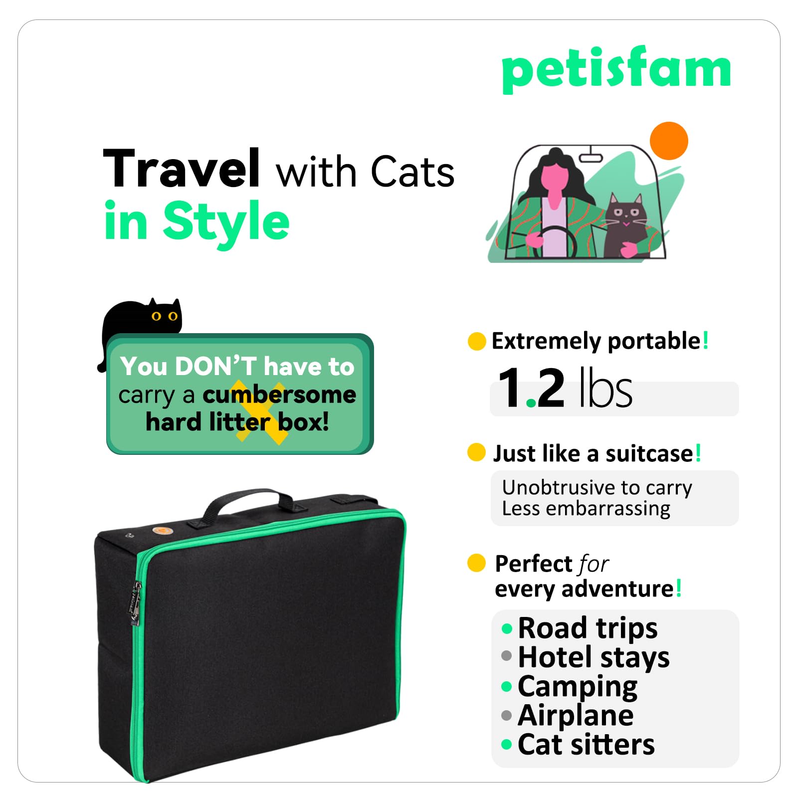 petisfam Portable Travel Litter Box for Cats with Lid to Contain Litter and Odor. Easy to Carry, Clean and Store. Easy for Car T