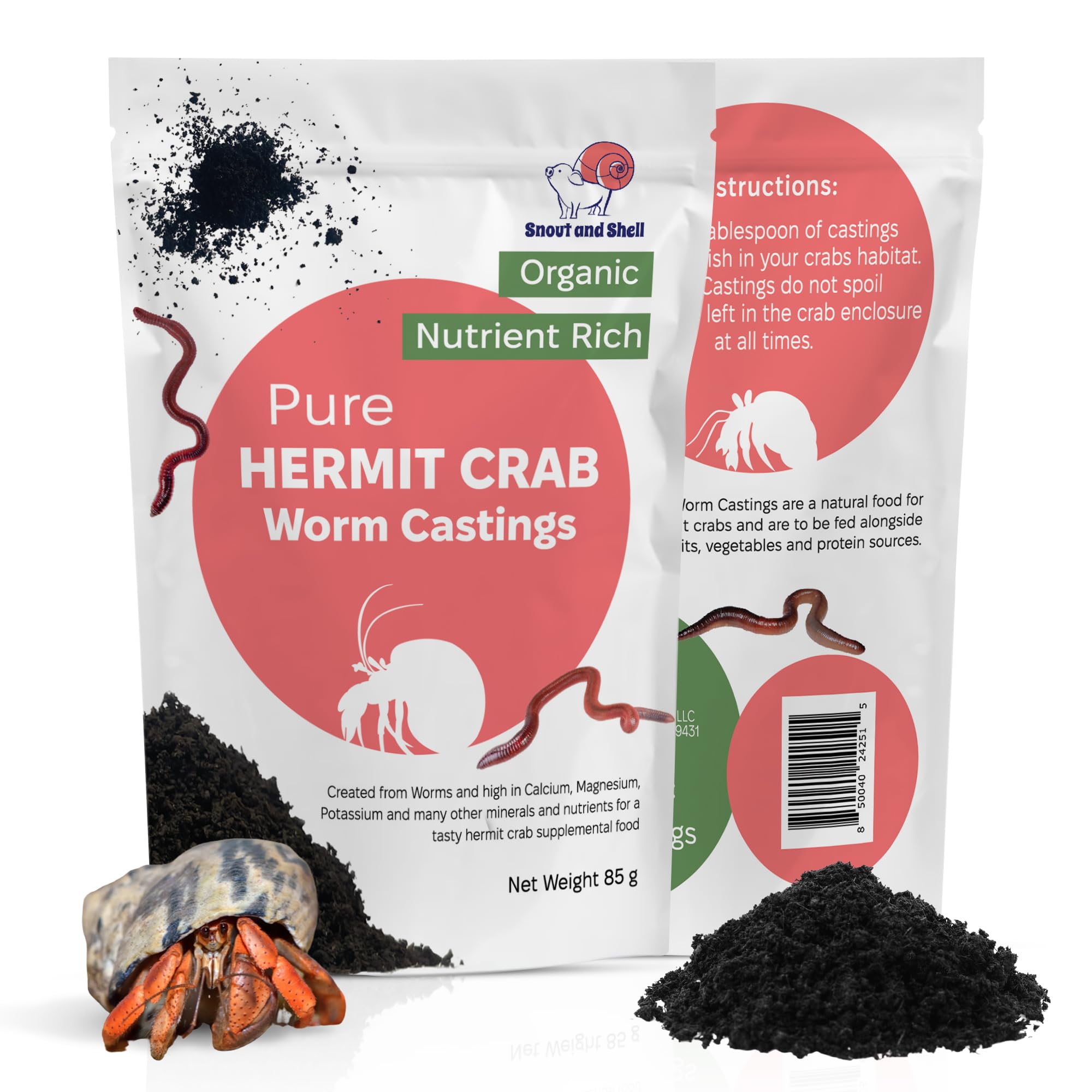 Snout and Shell Organic Pet Hermit Crab Greensand Food Supplement & Worm Castings (Worm Castings) 85 Grams
