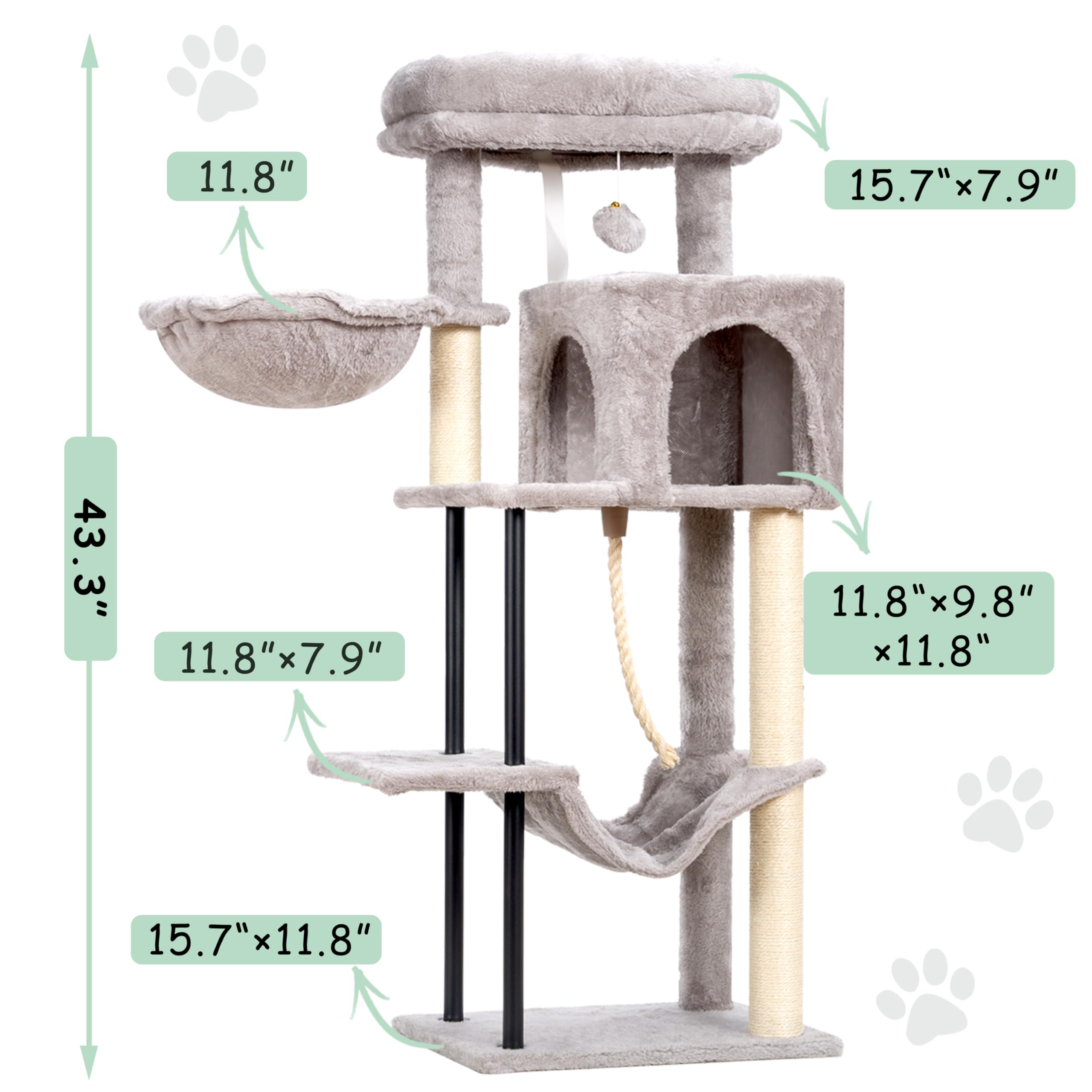 Gitelsnour Cat Tree Tower - 43.3" Indoor Cat Condo with Steel Frame, Hammock, Scratching Post, Light Gray, Model GCT004SW