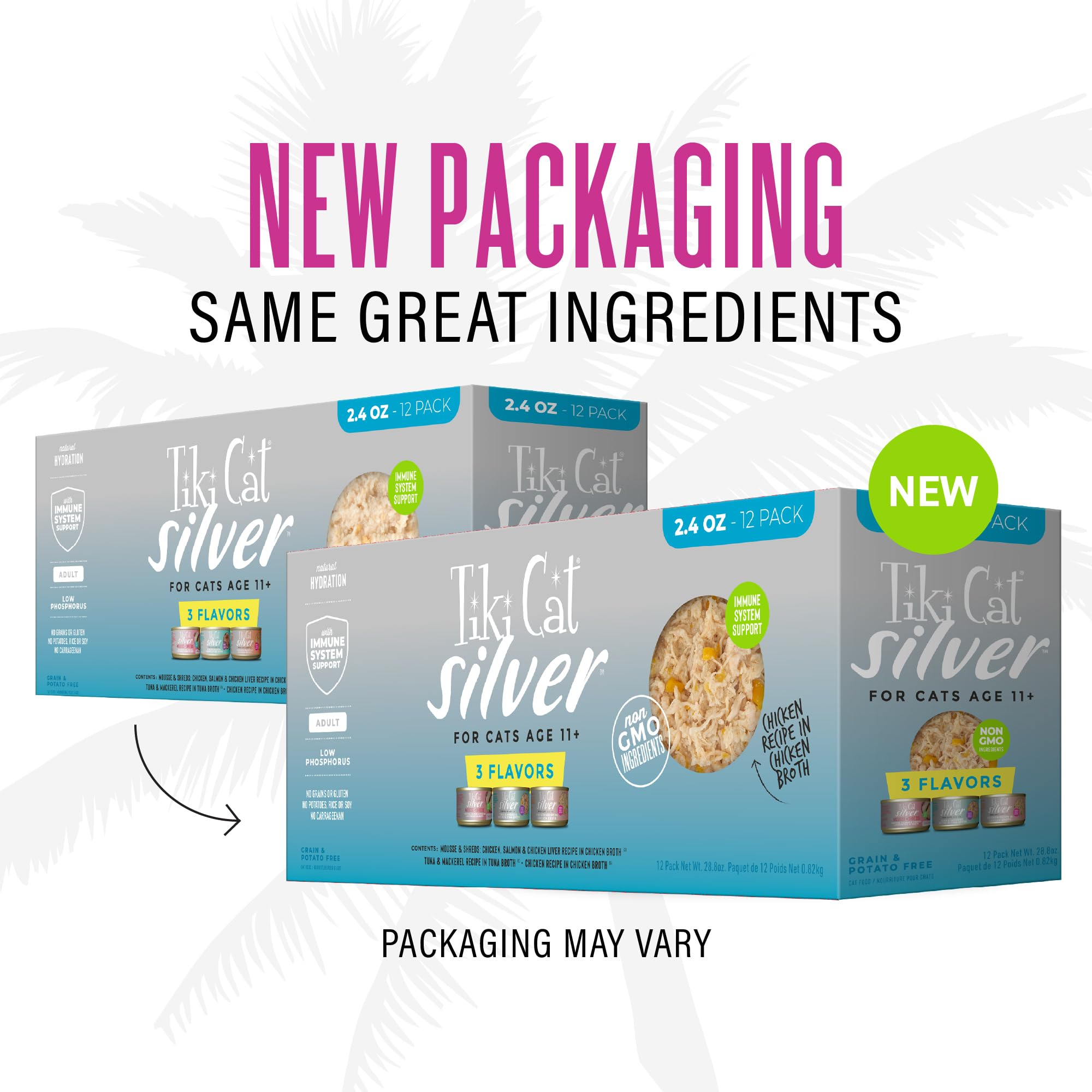 Tiki Cat Silver Variety Pack, Immune System Support Formulated for Older Cats Aged 11+, Senior Wet Cat Food, 2.4 oz. Can (12 Cou