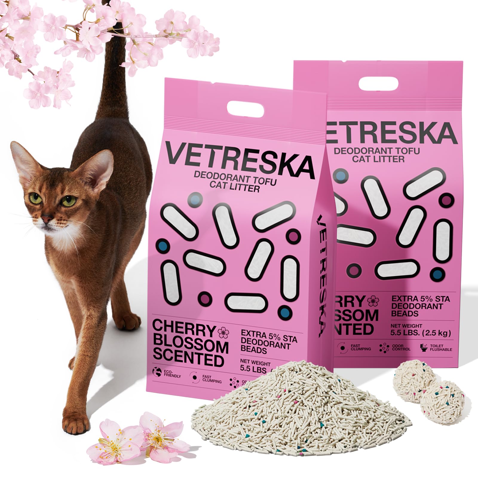 Vetreska Cherry Blossom Tofu Cat Litter,Natural Kitty Litter Strong Clumping Flushable Cat Litter Pellets Ultra Absorbent,Dust-F