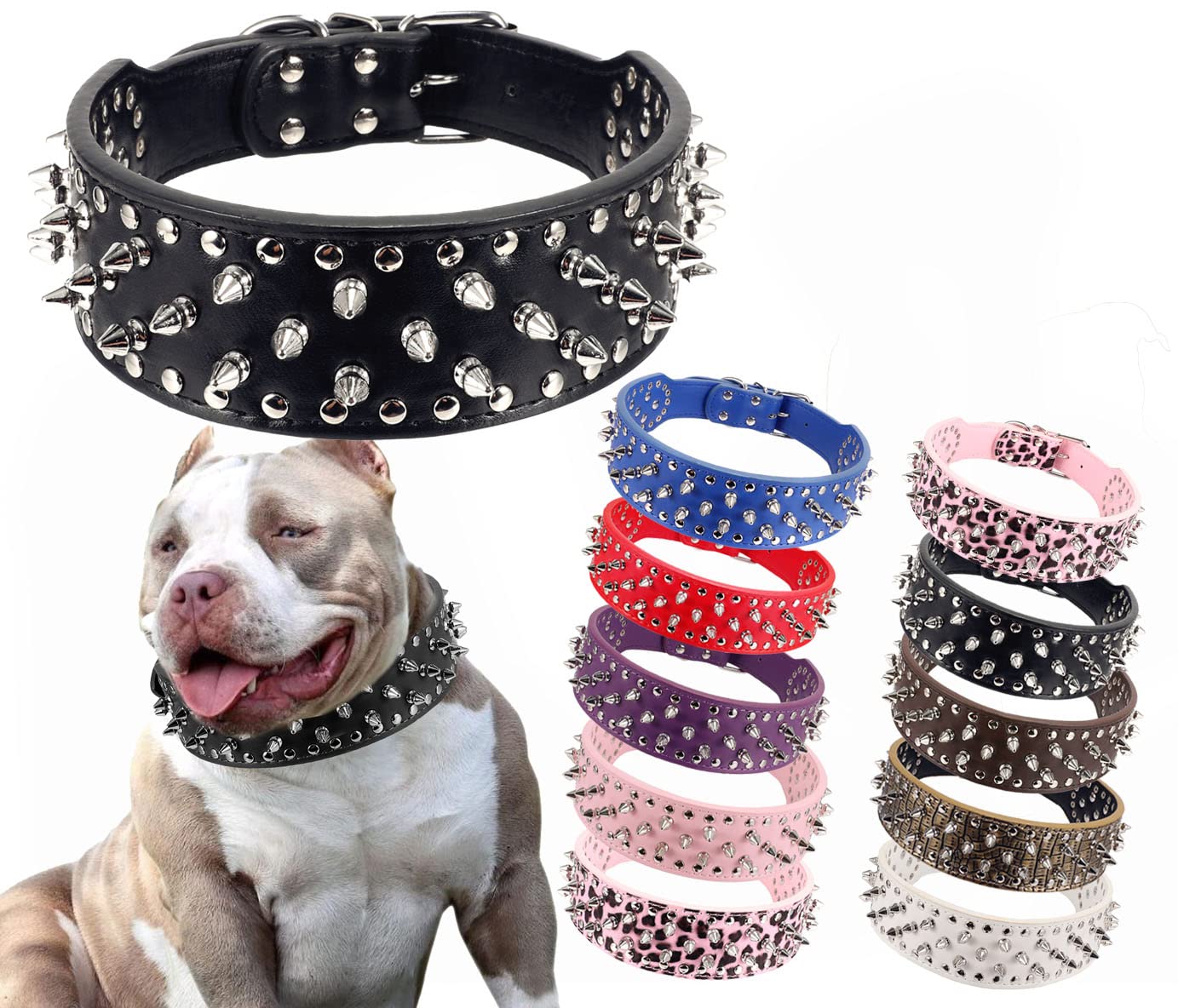 Hoot Pu Leather Adjustable Spiked Studded Dog Collar 2'' Wide 43 Spikes (L(Neck 21''-24''), Black)