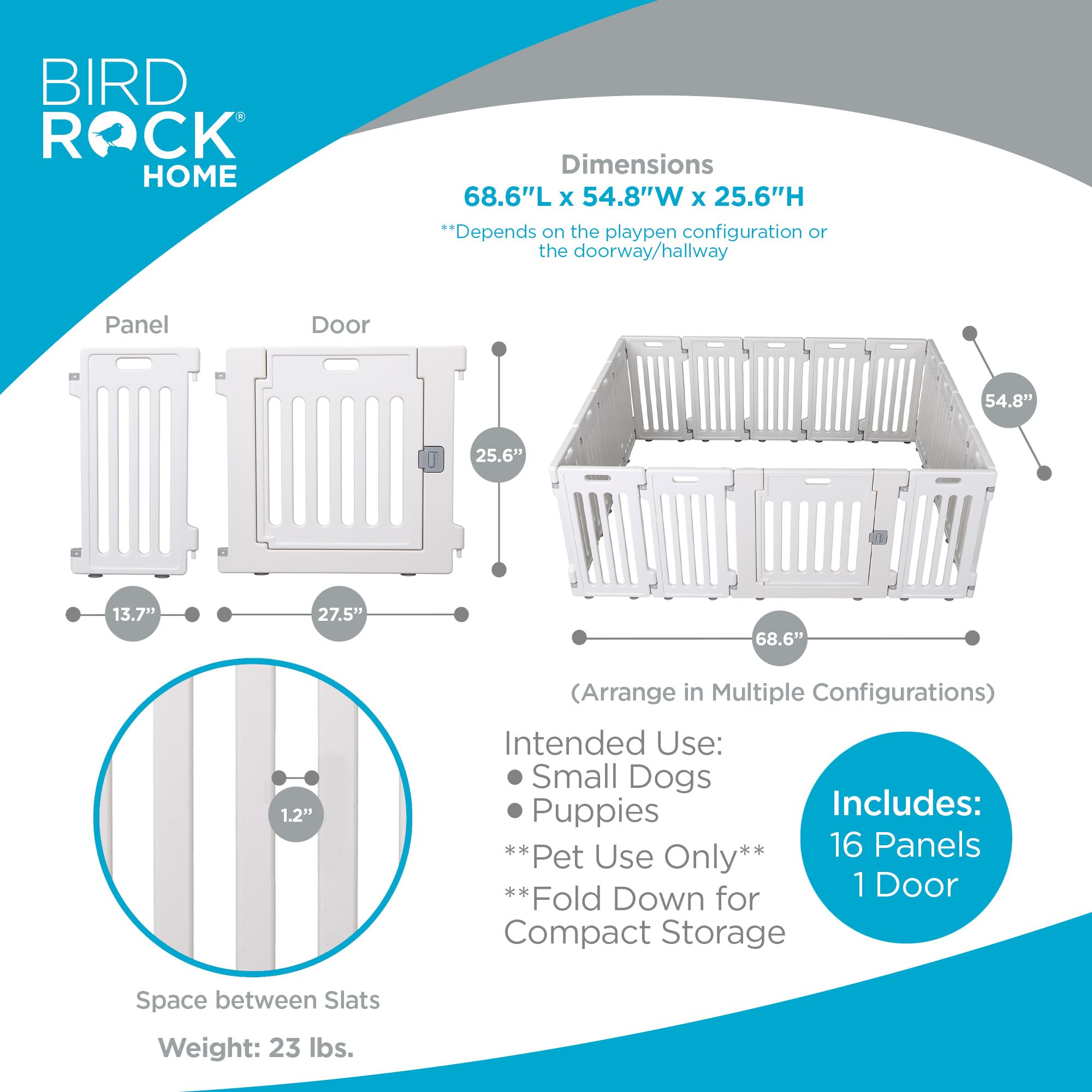 Birdrock Home Dog Playpen W/Door, 16 Panel, 25.6In H | Strong Plastic, Non-Slip Puppy Playpen, Secure Pet Gate | Indoor Outdoor