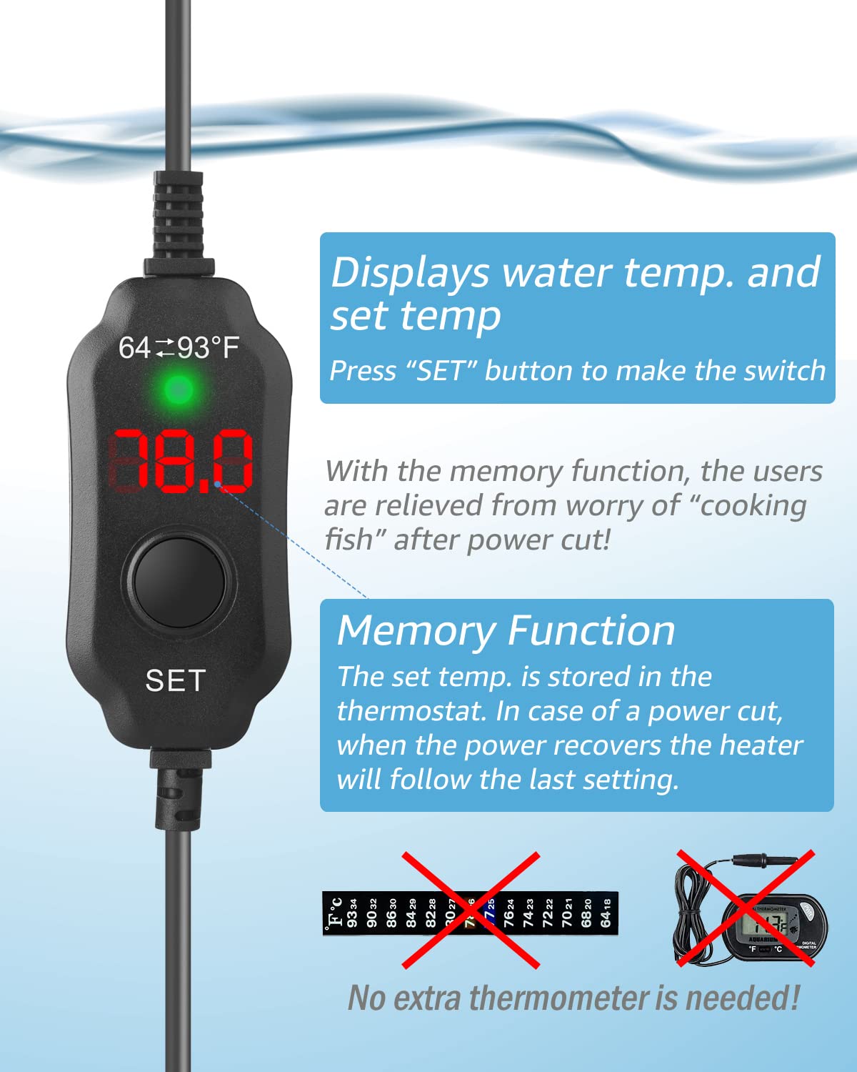 Kulife Fumak 50W Adjustable Aquarium Heater Super Short Submersible Fish Tank Heater Fish Heater With Led Digital Display Thermostat, For Tanks 5-10 Gallons