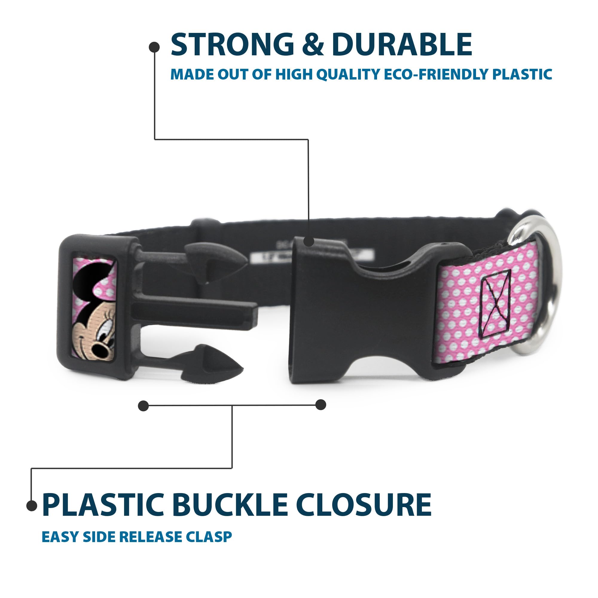 Buckle-Down Plastic Clip Collar - Minnie Mouse Expressions Polka Dot Pink/White - 1.5 Wide - Fits 16-23 Neck - Medium
