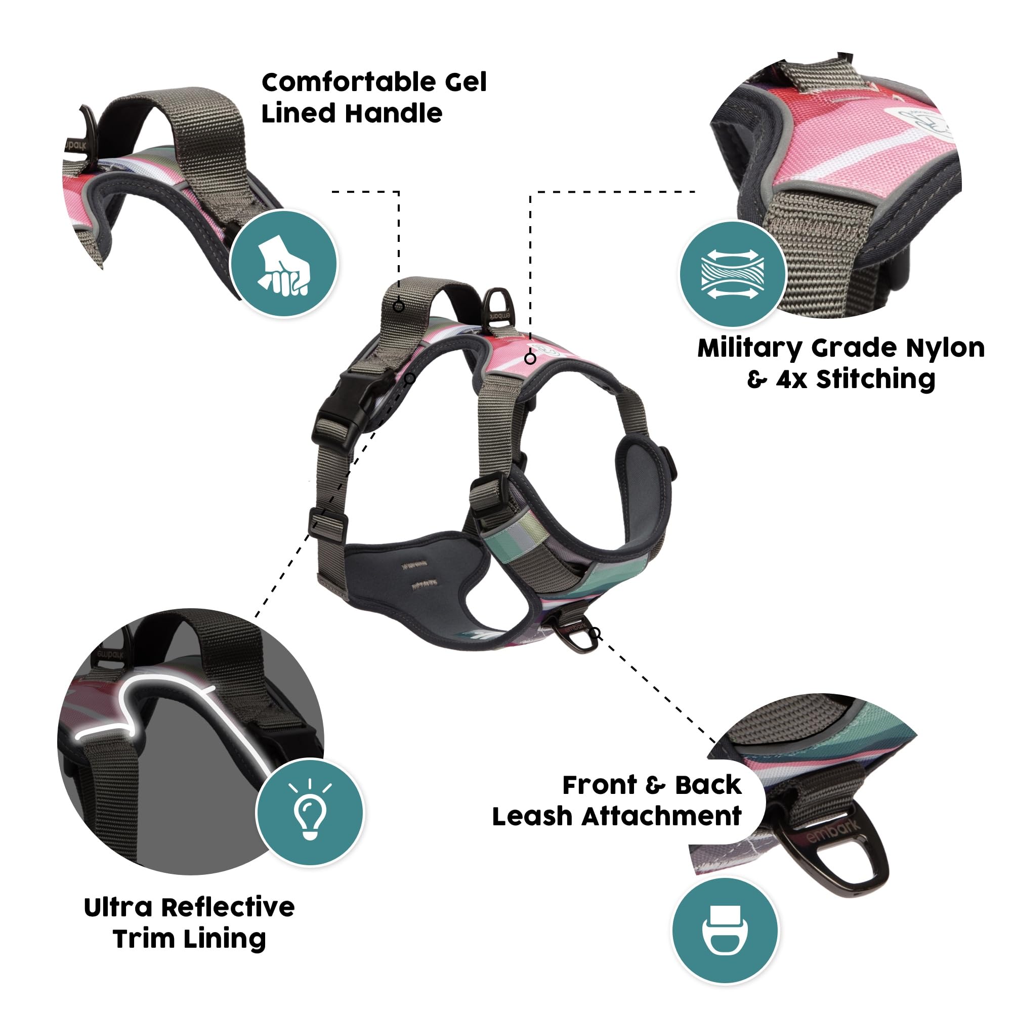 Embark Urban Dog Harness - No Pull, Adjustable, Large, Black, Soft Oxford Vest with 2 Leash Clips and Control Handle
