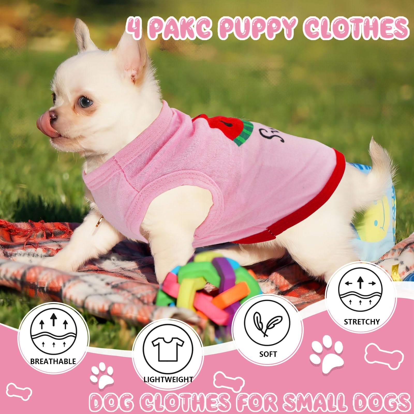 4 Pieces Chihuahua Clothes Dog Clothes For Small Dogs Girls Summer Autumn Cute Puppy Clothes Soft Pet Dog Shirts Teacup Dog Cat