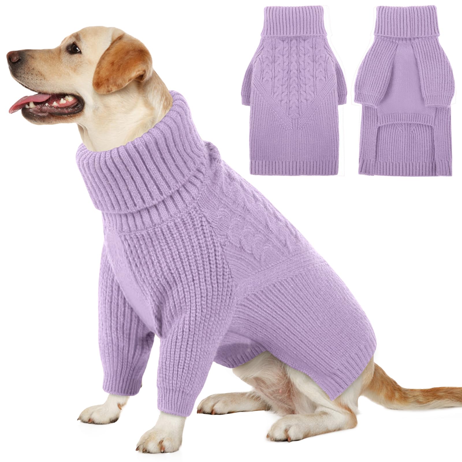Queenmore Dog Sweater For Small Puppies & Large Dogs - Warm Winter Fall Sweater, Solid Turtleneck Knit With Long Sleeves, Lilac 