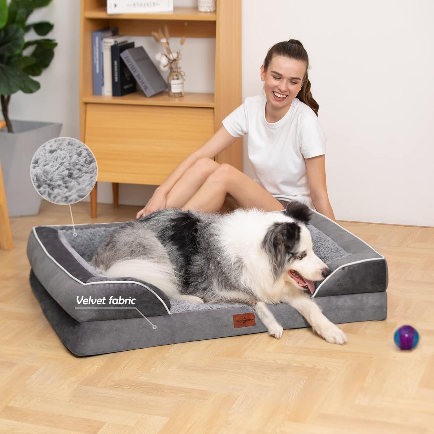 Comfort Expression Large Dog Bed - Waterproof Orthopedic Foam, 36"x27"x7.5", Grey, Removable Cover, Non-Slip Bottom
