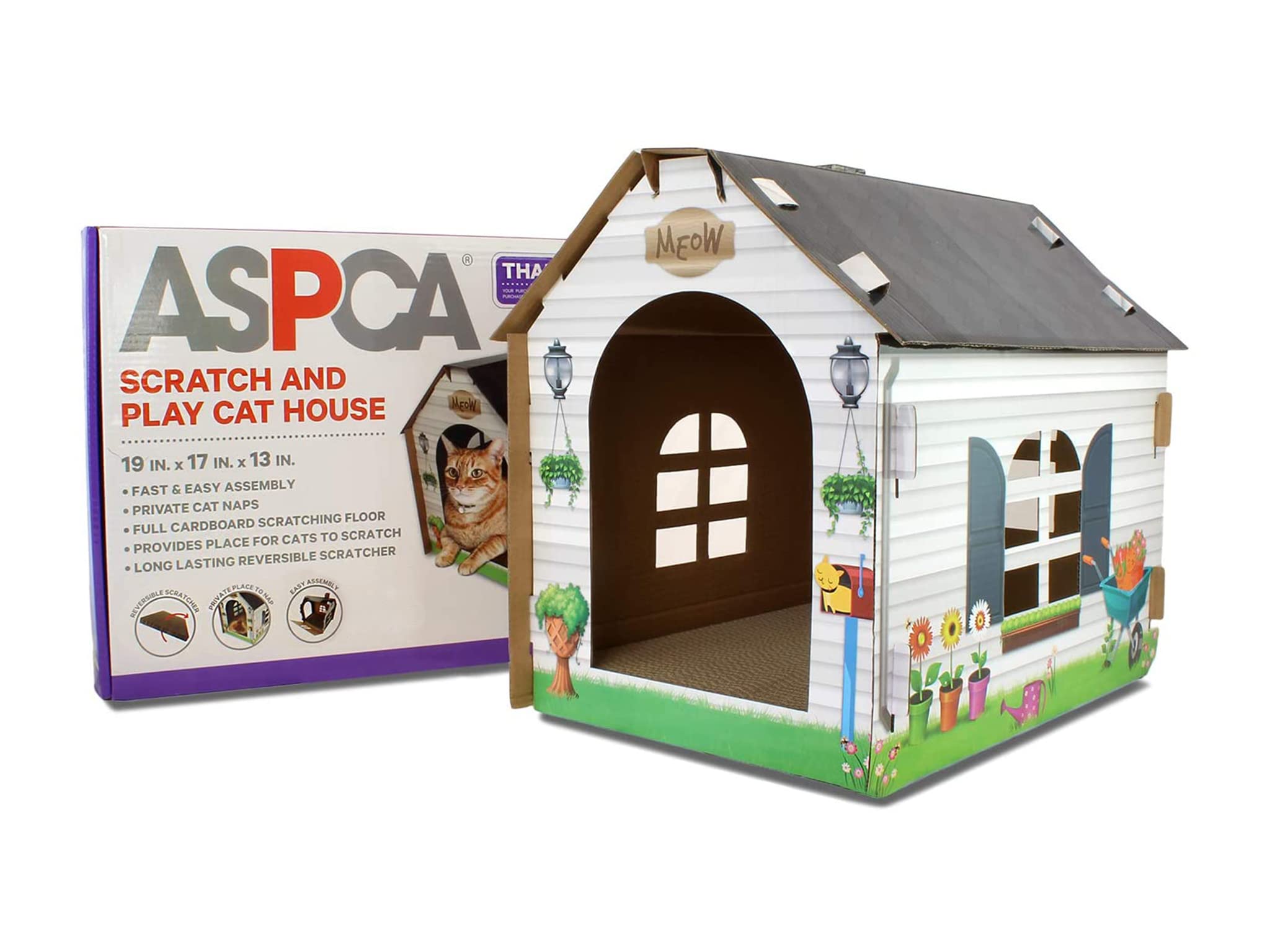 ASPCA Cardboard Cat House Playhouse with Scratching Pad 19"x13"x17" Cottage Model CAS2026
