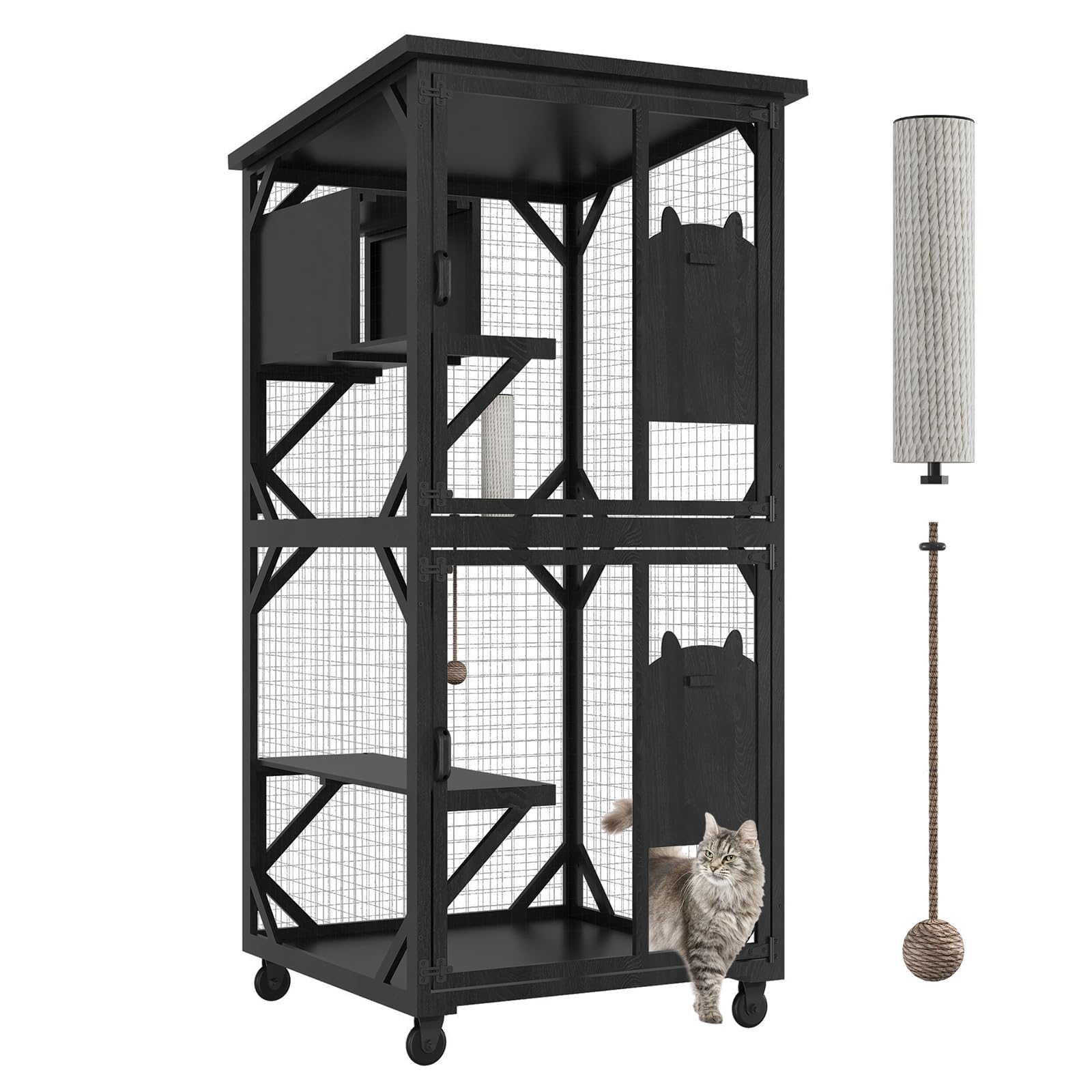 Roomtec Catio Outdoor Enclosure With Roof - 71'' Height Wooden House, Large Cage With 3 Jumping Platforms And 1 Napping House Fo