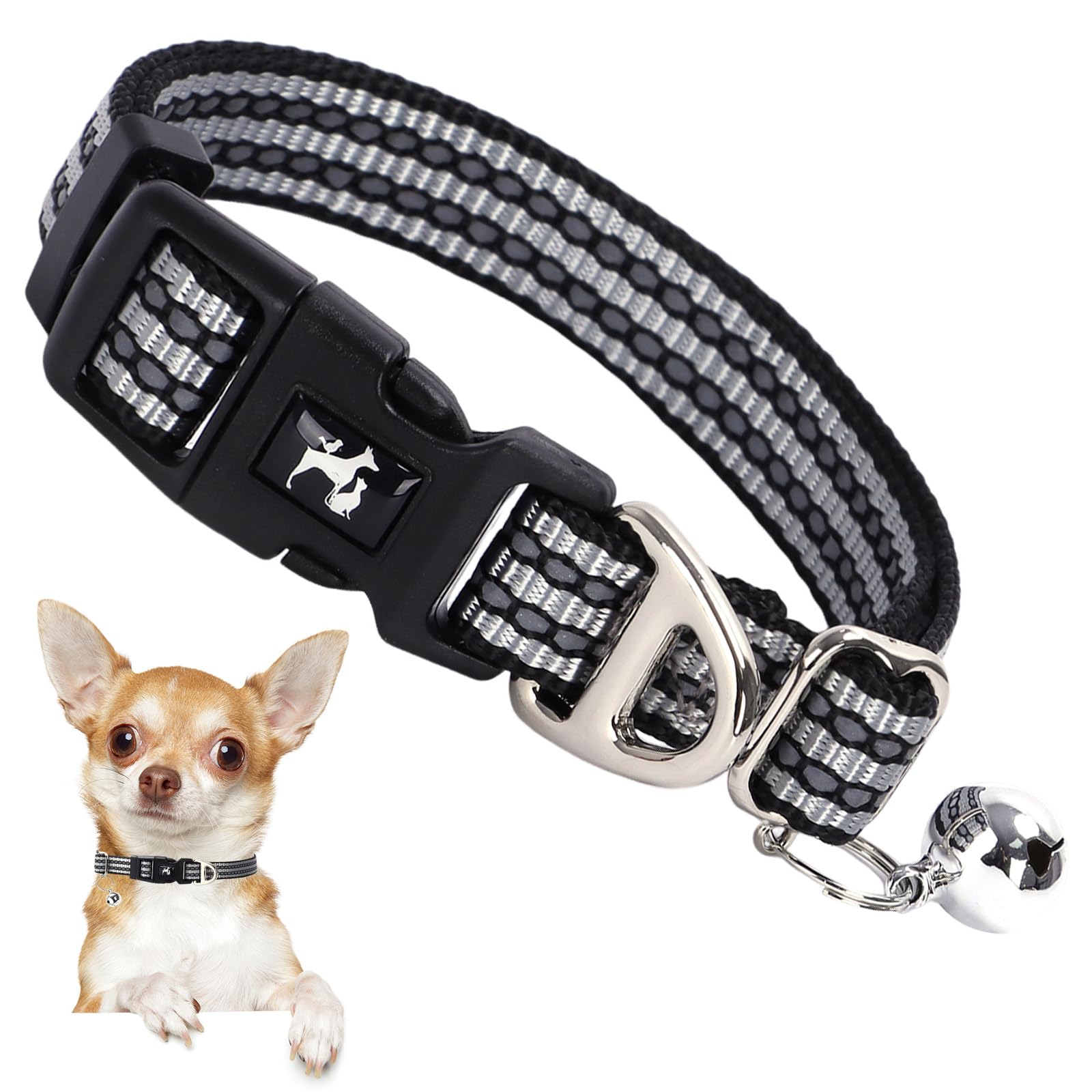 Onefojojo Reflective Dog And Cat Collar With Bell - Hypoallergenic Adjustable Puppy Collar For Small Pets, Soft Nylon Night Safe