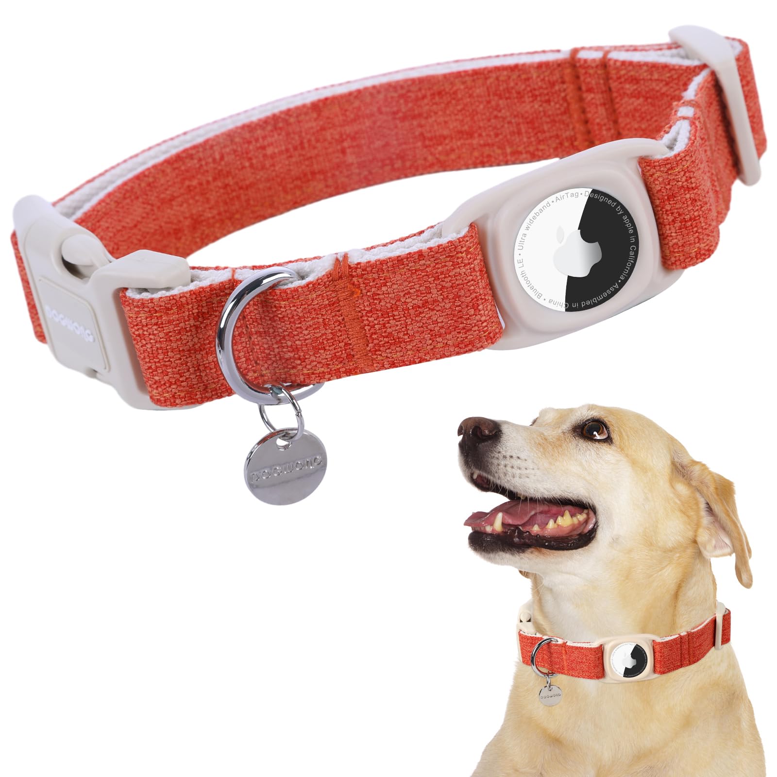 Dogwong Airtag Cotton Hemp Dog Collar, Heavy-Duty With Airtag Holder, Fall Orange, Natural Fabric, Cute Puppy Necklace For Small