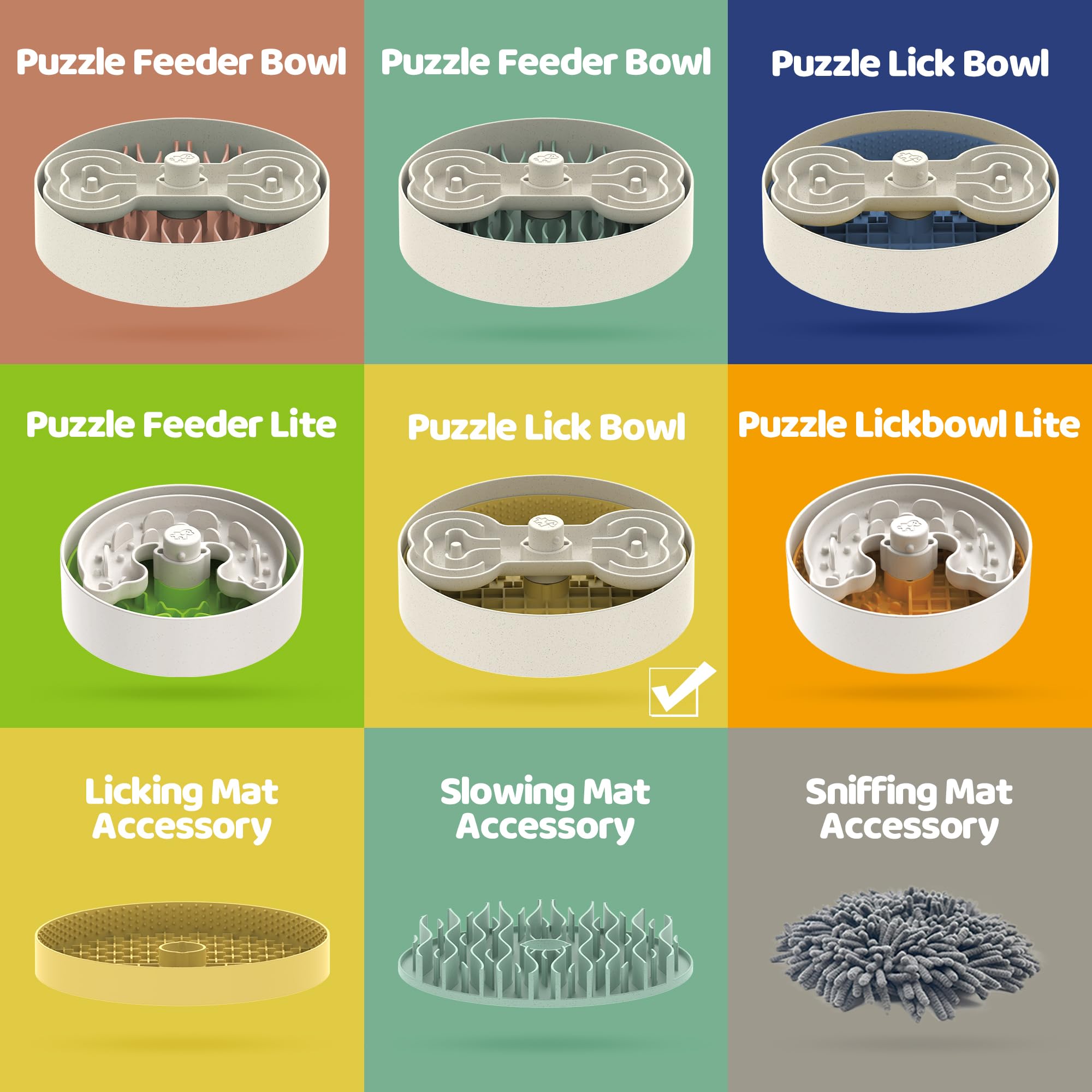 Puzzle Feeder Slow Feeder Dog Bowl with Lick Mat and Puzzle Inserts - Non-Slip Base, Adjustable Speed Design, Dishwasher Safe fo