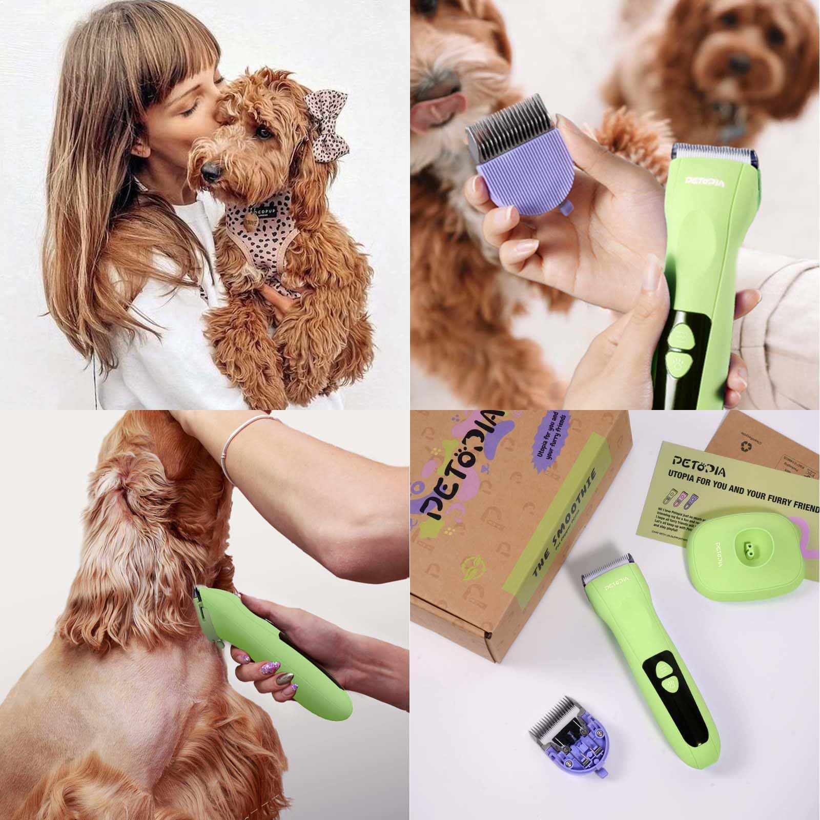 Petopia Dog Clippers - Low Noise Rechargeable Grooming Kit, Cordless with 9mm Blade, Green, Model PC215