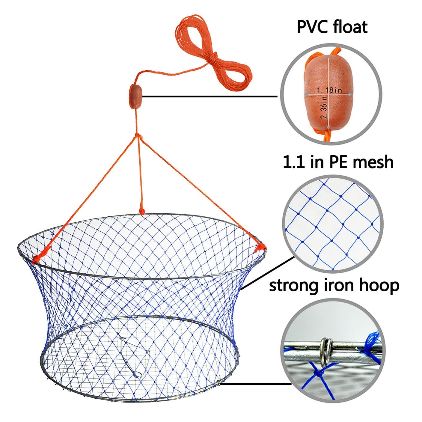 Palmyth Wire Grid Bottom Crab Nets Two Ring Crab Kit with Harness and Bait Clip 24    X 20    X 12