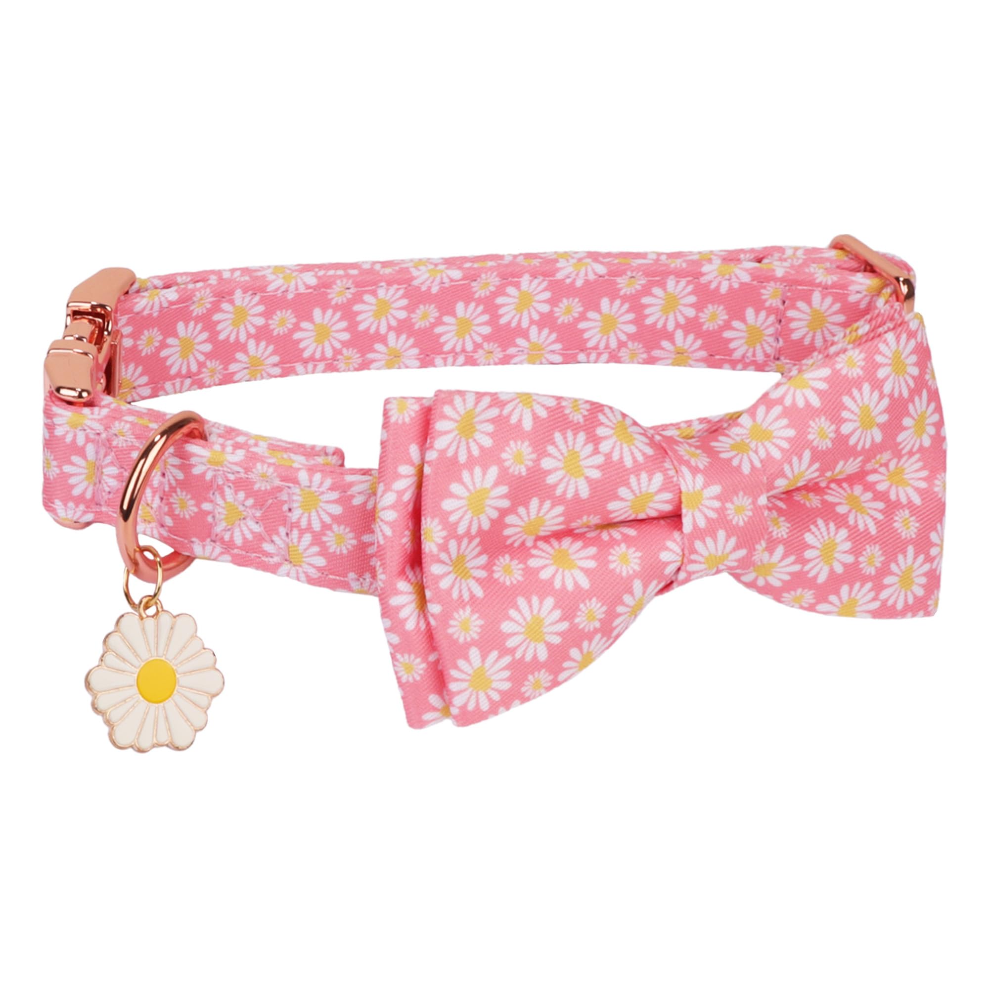 Adoggygo Floral Dog Collar With Bowtie, White Daisy Dog Flower Collar With Metal Buckle, Adjustable Pink Dog Floral Collars For