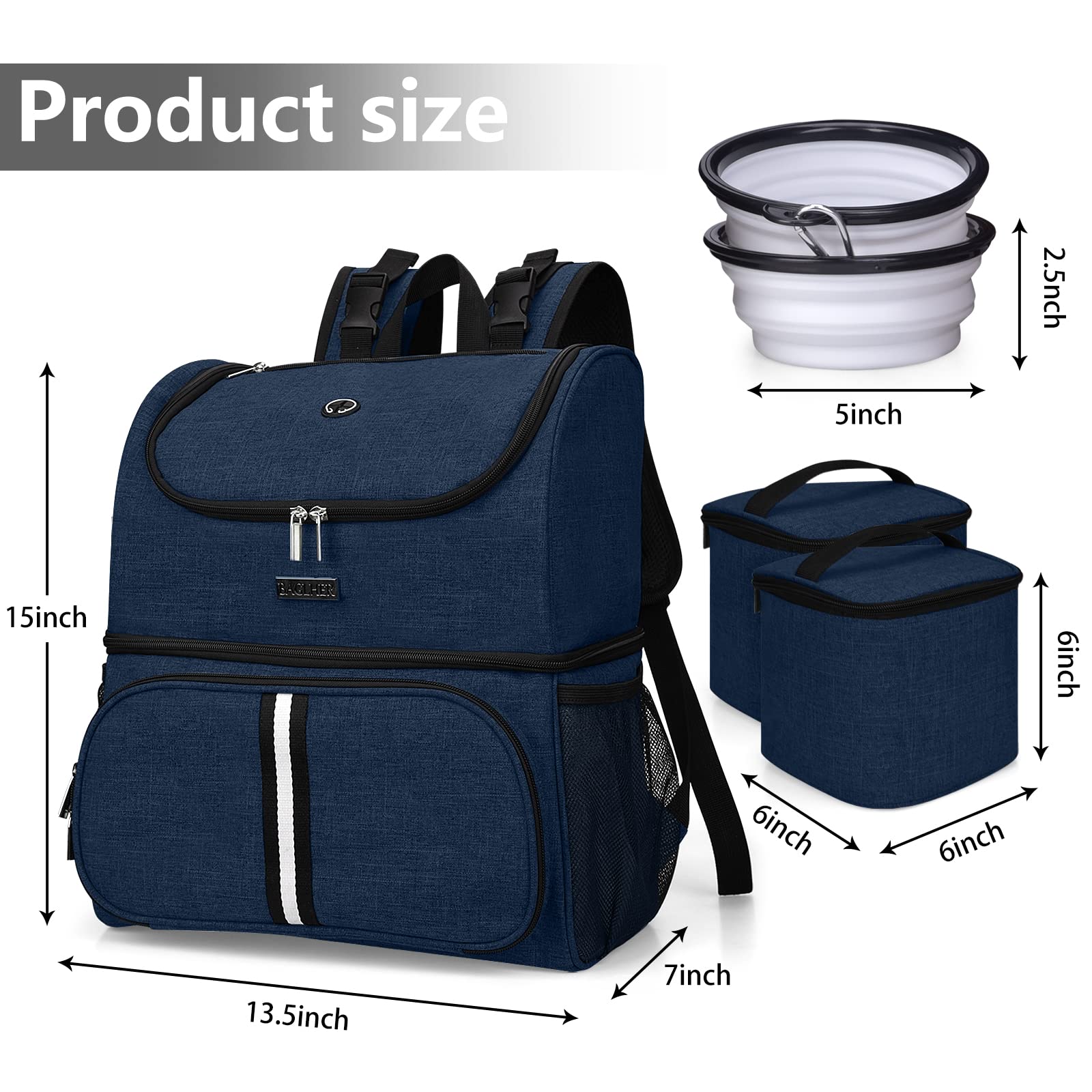 BAGLHER Pet Travel Backpack, Double-Layer with 2 Bowls & Food Baskets, Small, Dark Blue, Polyester