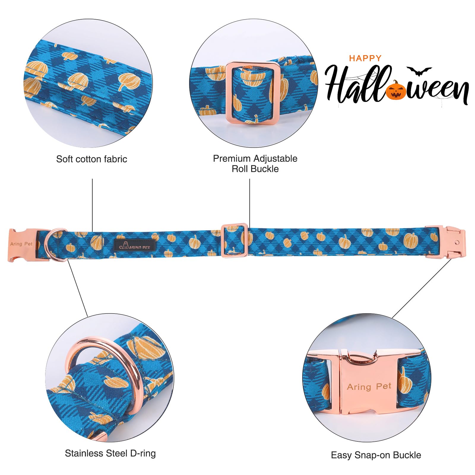 Aring Pet Halloween Dog Collar, Cotton Plaid Pumpkin Dog Collar With Bow, Adjustable Halloween Pumpkin Dog Collars With Metal Buckle
