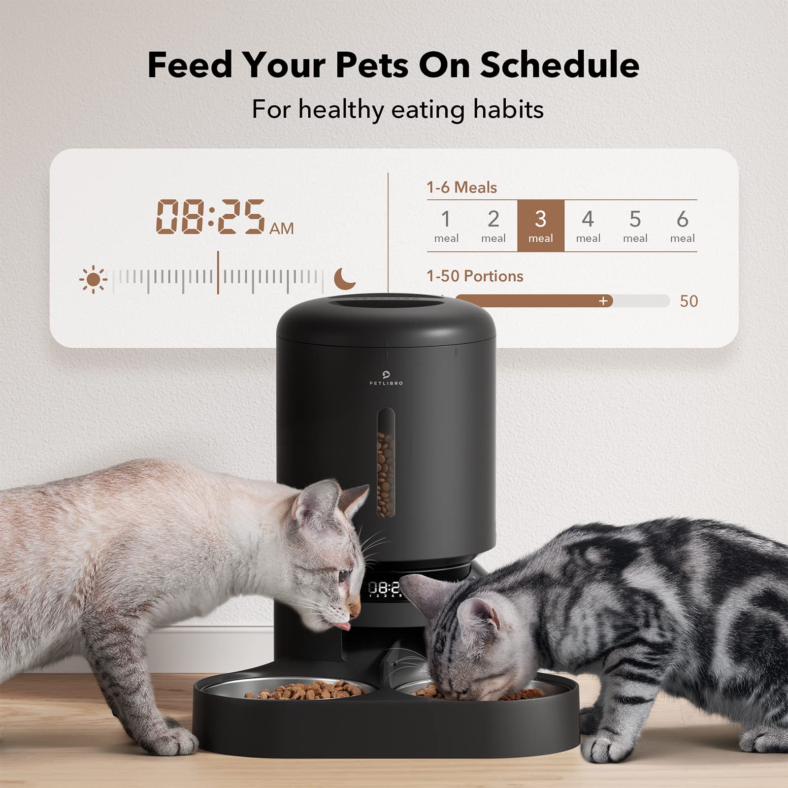 PETLIBRO Automatic Cat Food Dispenser for Two Cats 5L Auto Cat Feeder Dry Food Dispenser with Splitter & 2 Stainless Bowls, 10s