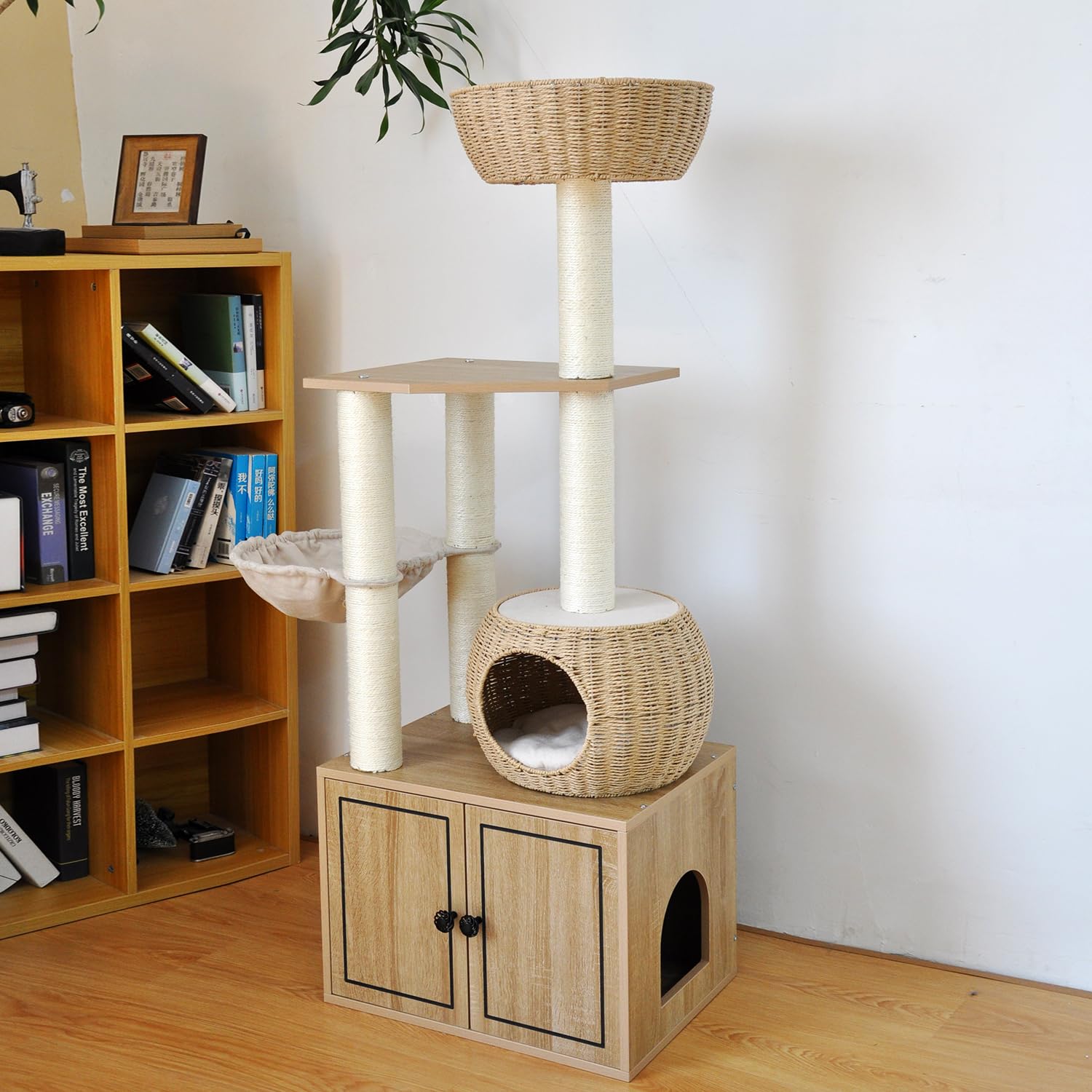 Rattan Cat Tree For Indoor Cats,Tall Cat Tree Tower With Cat Scratching Post,Wood Cat Tower For Indoor Cats,56.7 Inch Tall