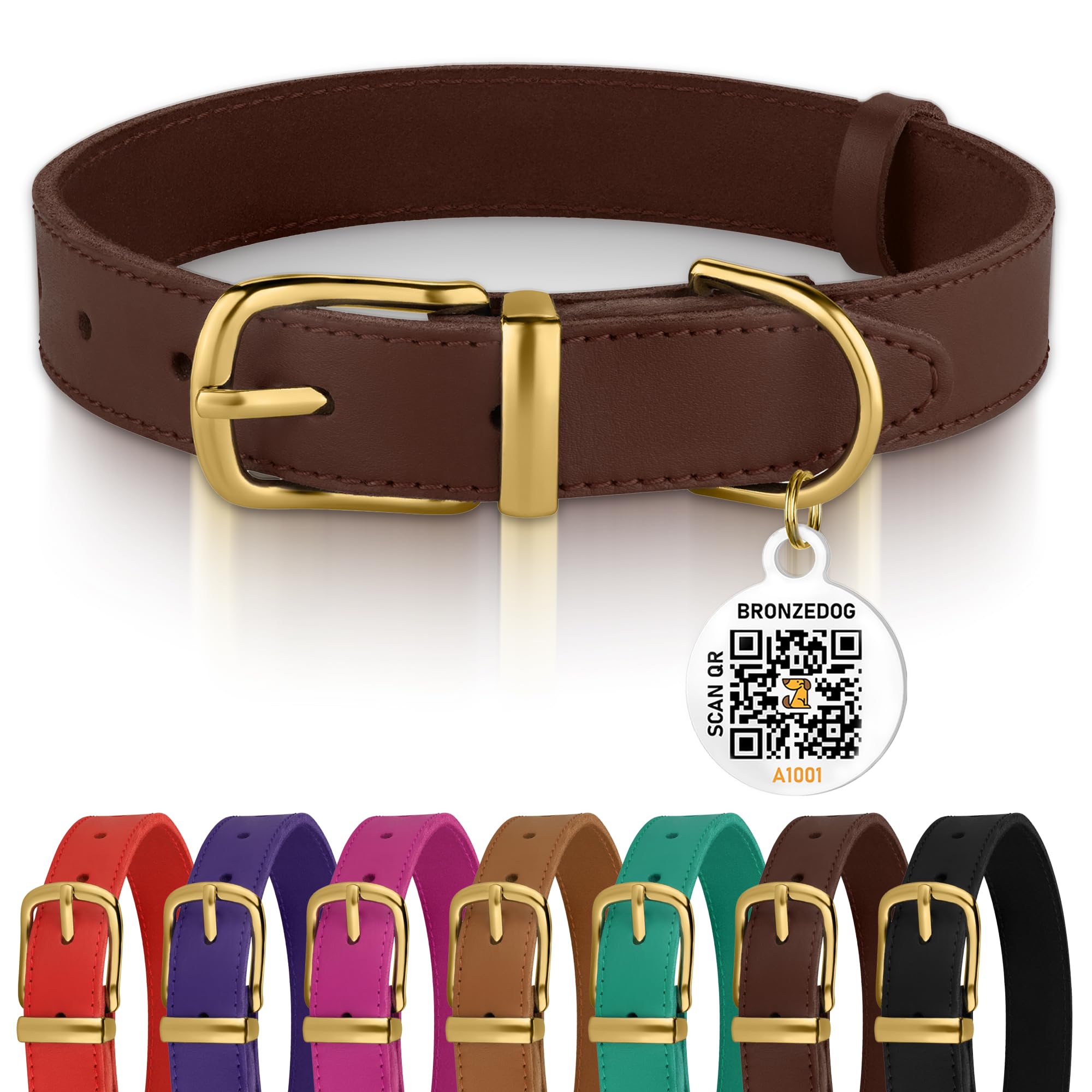 Bronzedog Leather Dog Collar With Qr Id Tag Basic Pet Collars For Small Mini Dogs Cats Puppies (7-9 Inch (Pack Of 1), Dark Brown