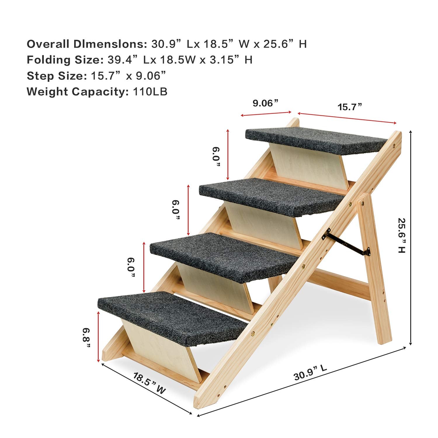 Mewang Wooden Dog Stairs/Steps - Foldable 4 Levels Pet Stairs & Ramp Perfect For Beds And Cars - Portable Dog/Cat Ladder Up To 110 Pounds